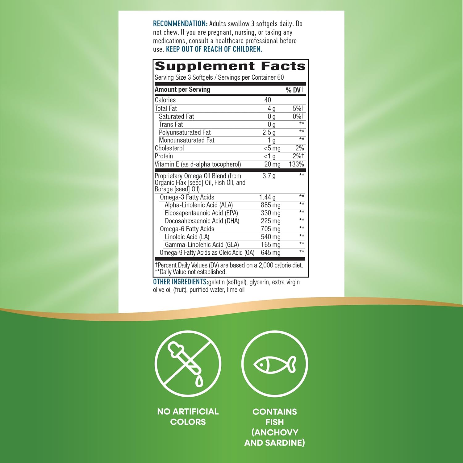 Non-GMO Nature's Way Mega 3/6/9 Omega Blend with Fish, Flax, Borage Oils - Lime Flavor, 180 Count