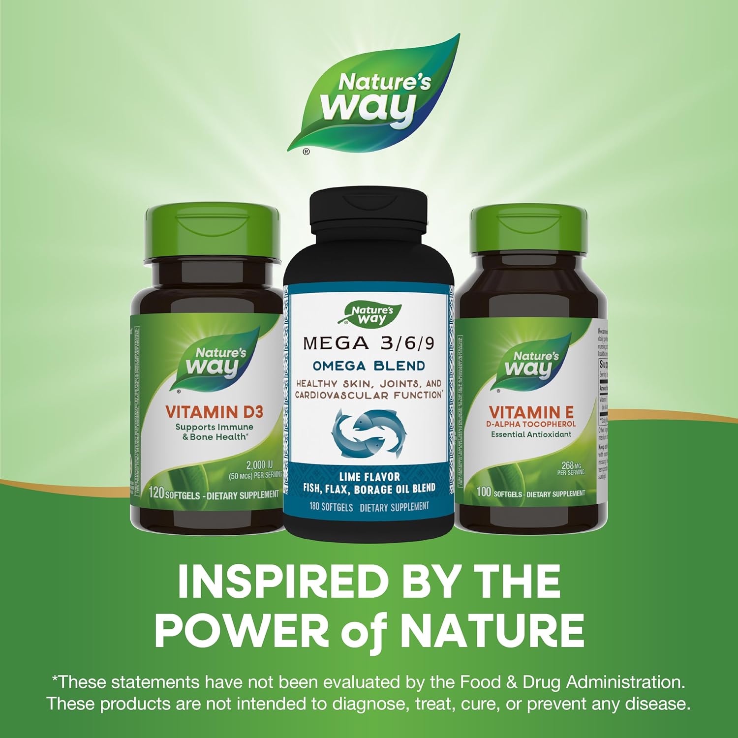 Non-GMO Nature's Way Mega 3/6/9 Omega Blend with Fish, Flax, Borage Oils - Lime Flavor, 180 Count