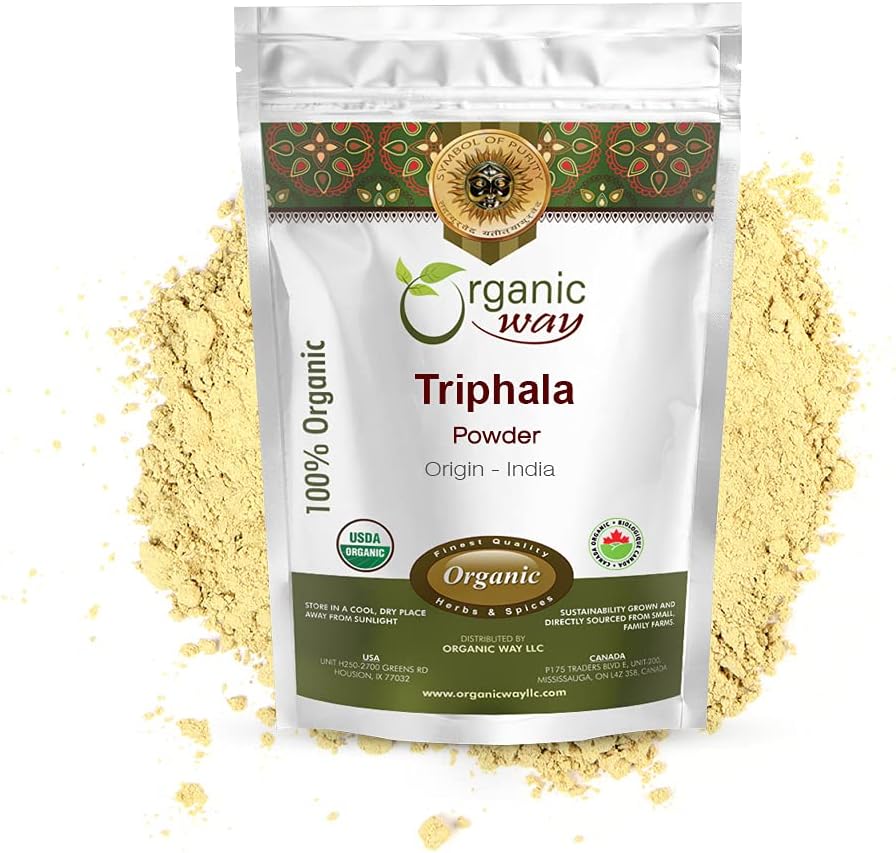 Non-GMO Organic Triphala Herbal Powder with Amla, Haritaki & Bibhitaki - Kosher & USDA Certified from India - 100% Raw (1/2LBS / 8Oz)