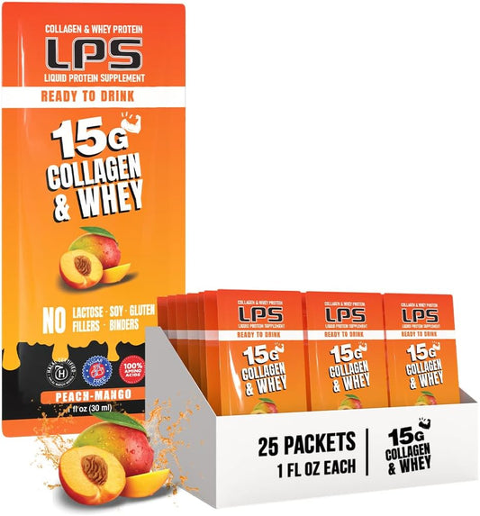 Non-GMO Peach Mango Liquid Collagen & Whey Protein Supplement Drink - Sugar-Free Skin & Hair Health Support for Men & Women - Single Serve Packets (25 Count)