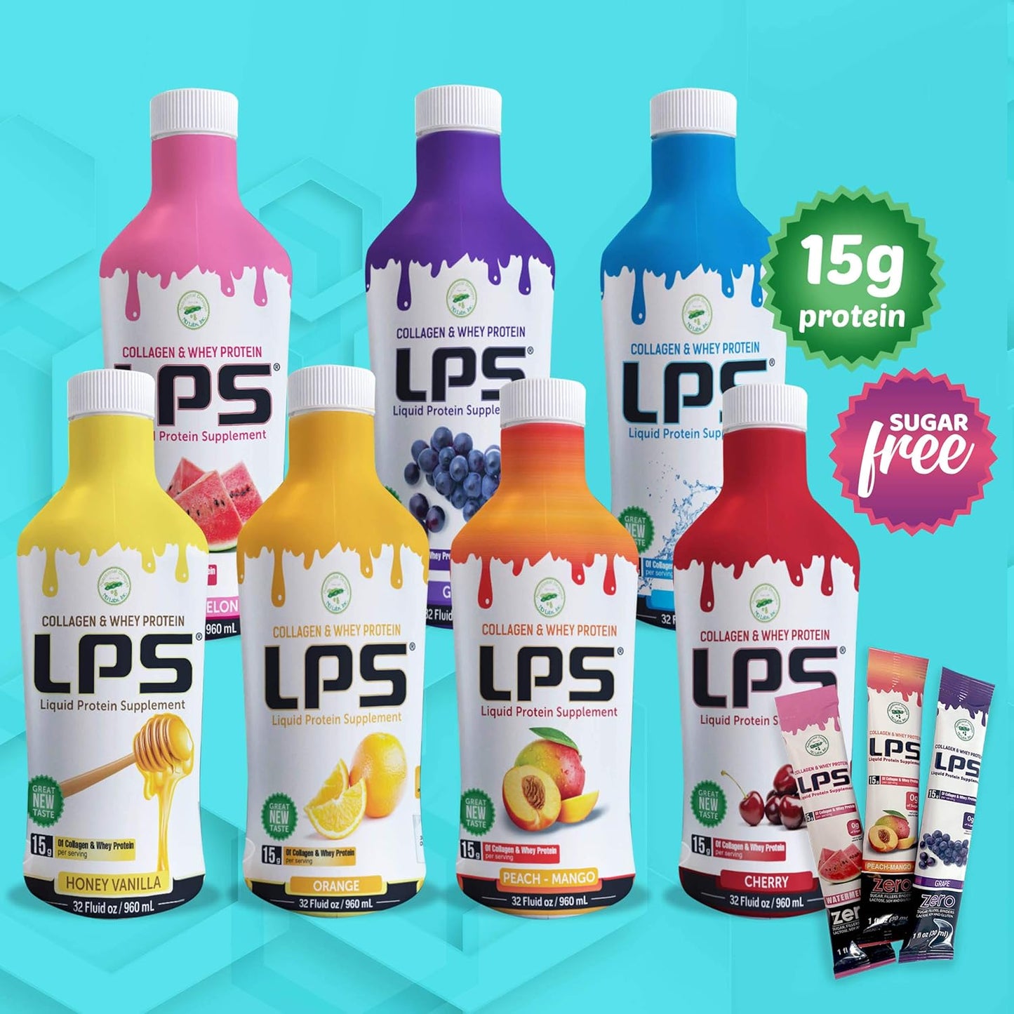 Non-GMO Peach Mango Liquid Collagen & Whey Protein Supplement - 100 Packets, Sugar-Free Drink for Healthy Skin & Hair