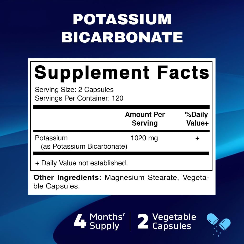 Non-GMO Potassium Supplement 1020mg - 240 Veg Capsules - Gluten Free - USA Made