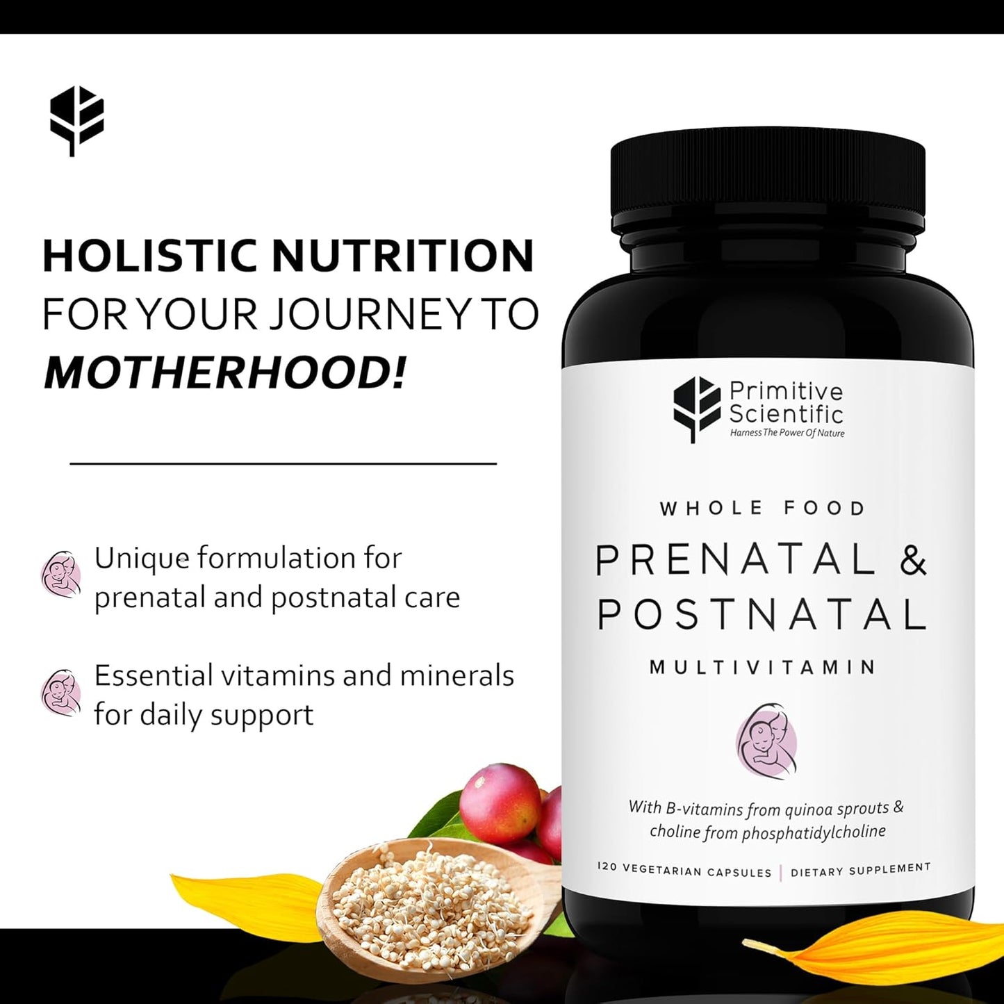 Non-GMO Prenatal and Postnatal Multivitamin for Women with Vitamins A, B, C, D, E, Iodine, Ginger - Mother & Baby Support - Gluten-Free (120ct)