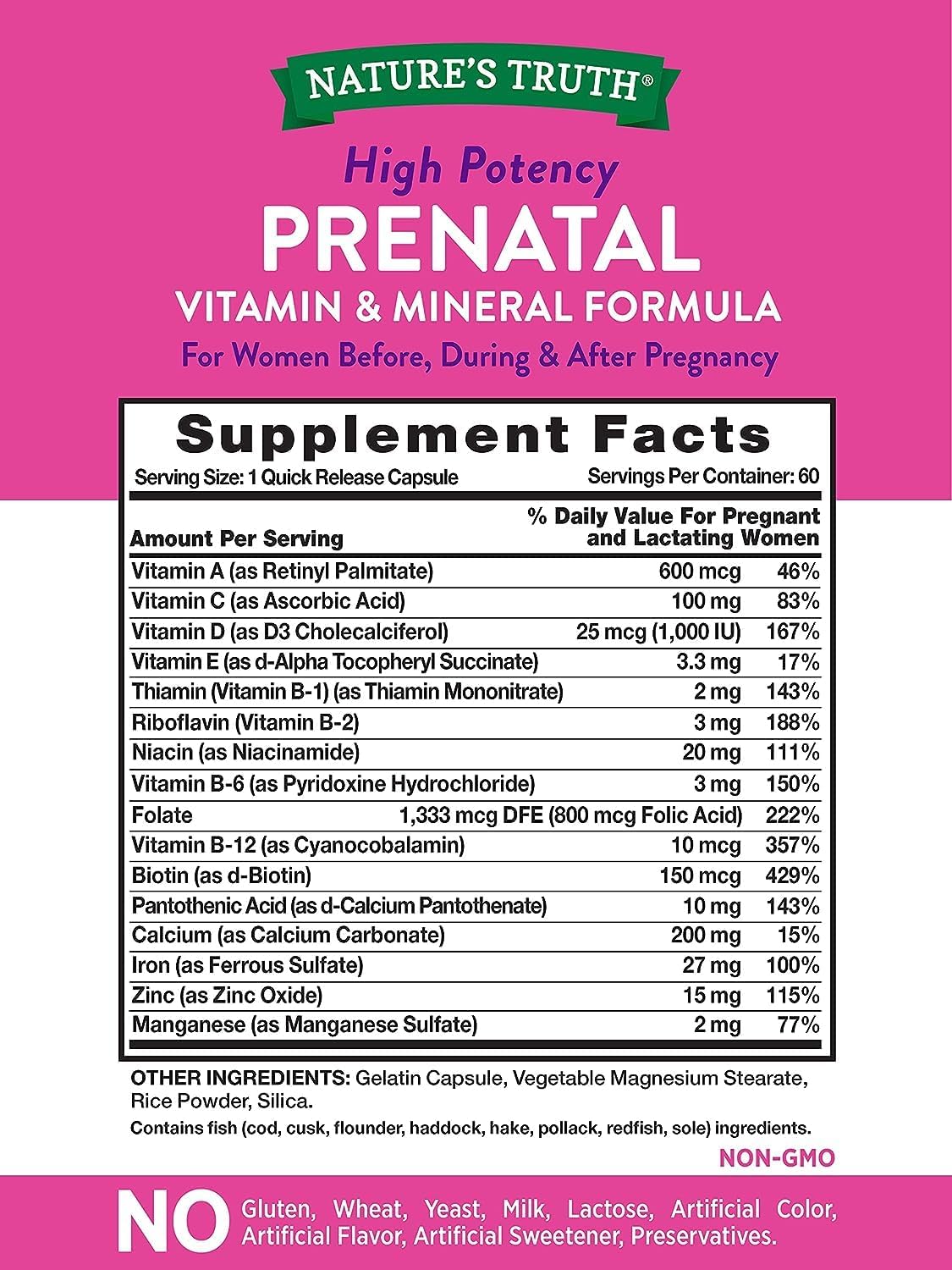 Non-GMO Prenatal Vitamins with Folic Acid - 120 Capsules - Gluten Free - Nature's Truth