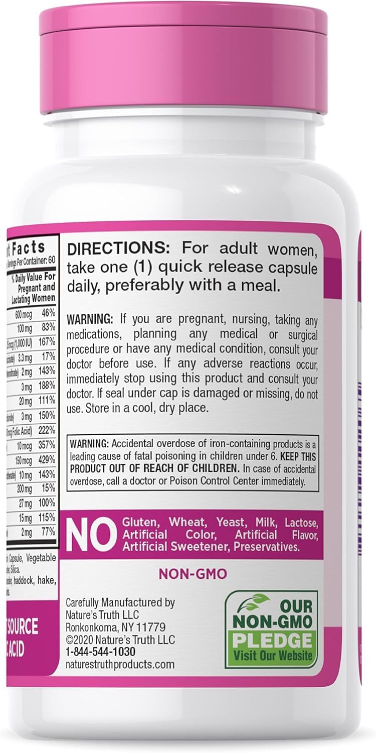 Non-GMO Prenatal Vitamins with Folic Acid - 120 Capsules - Gluten Free - Nature's Truth