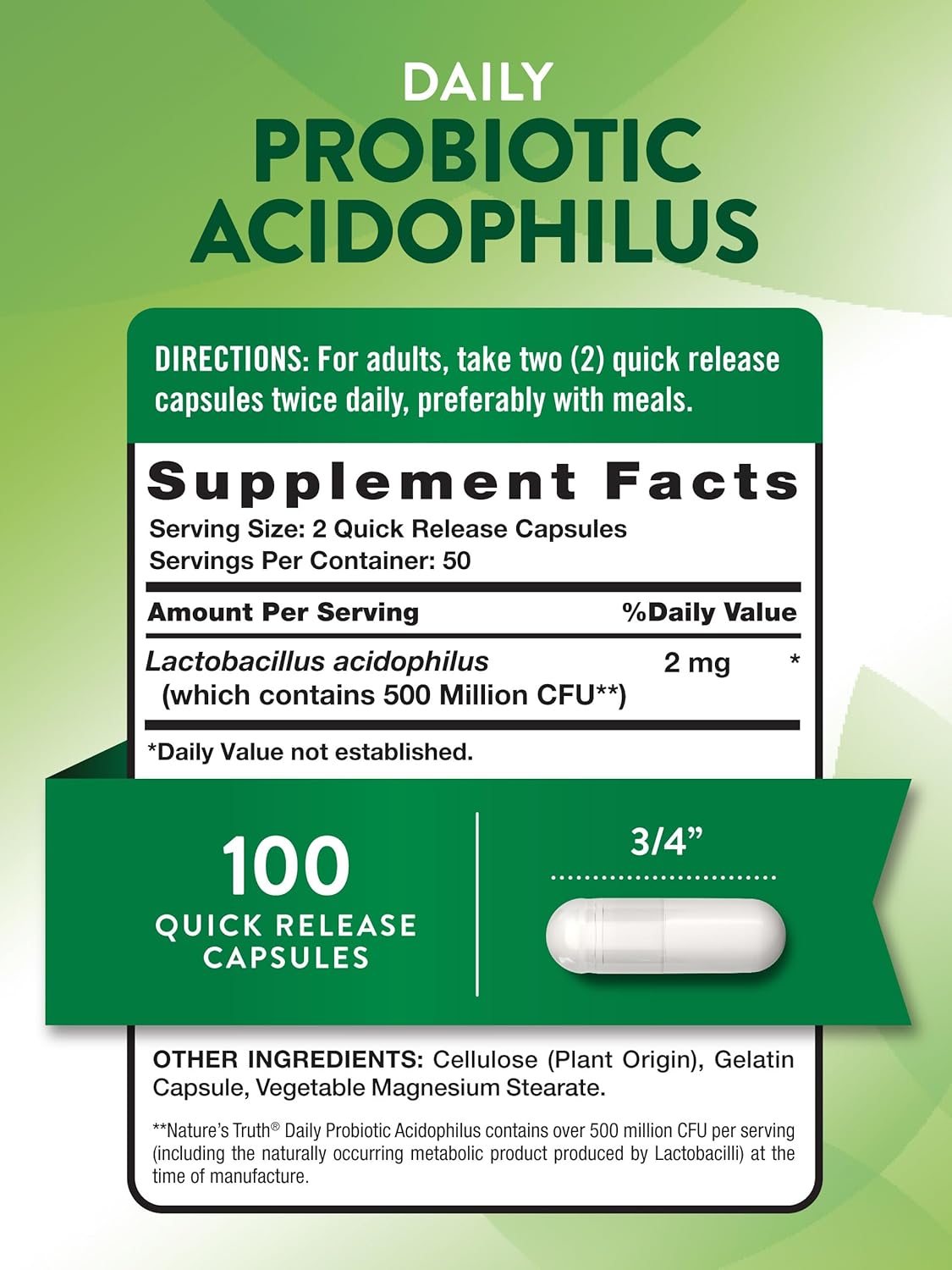 Non-GMO Probiotic Capsules for Men and Women | 500 Million CFU | 100 Count Bottle | Gluten-Free Supplement