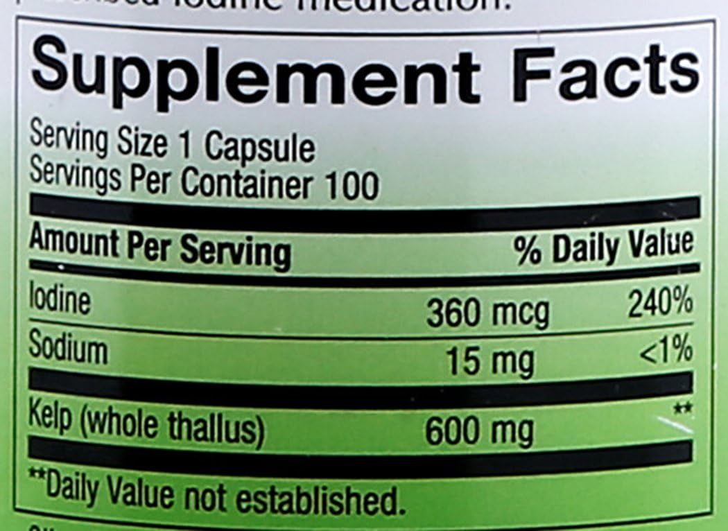 Non-GMO Project Verified Nature's Way Kelp Capsules - 600 mg, Gluten Free, Vegetarian - 100 Count