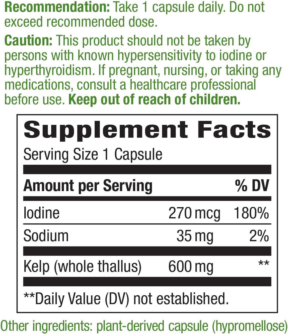 Non-GMO Project Verified Nature's Way Kelp Capsules - 600 mg, Gluten Free, Vegetarian - 100 Count