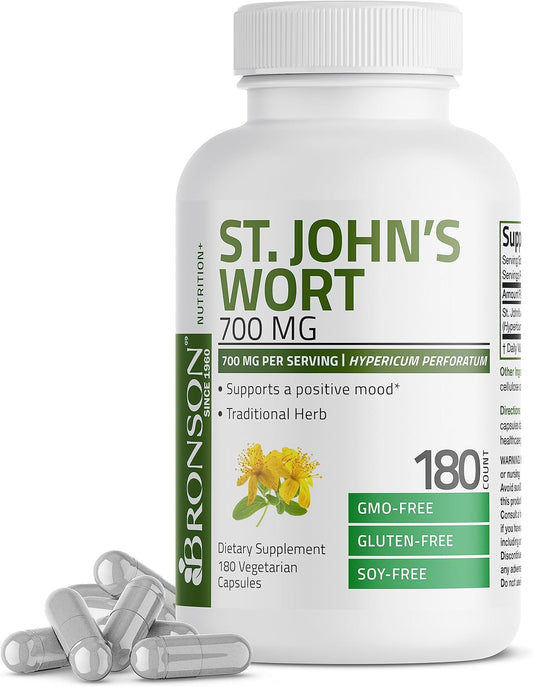 Non-GMO St. John's Wort Capsules - 700 MG per Serving, 180 Vegetarian Capsules for Positive Mood Support