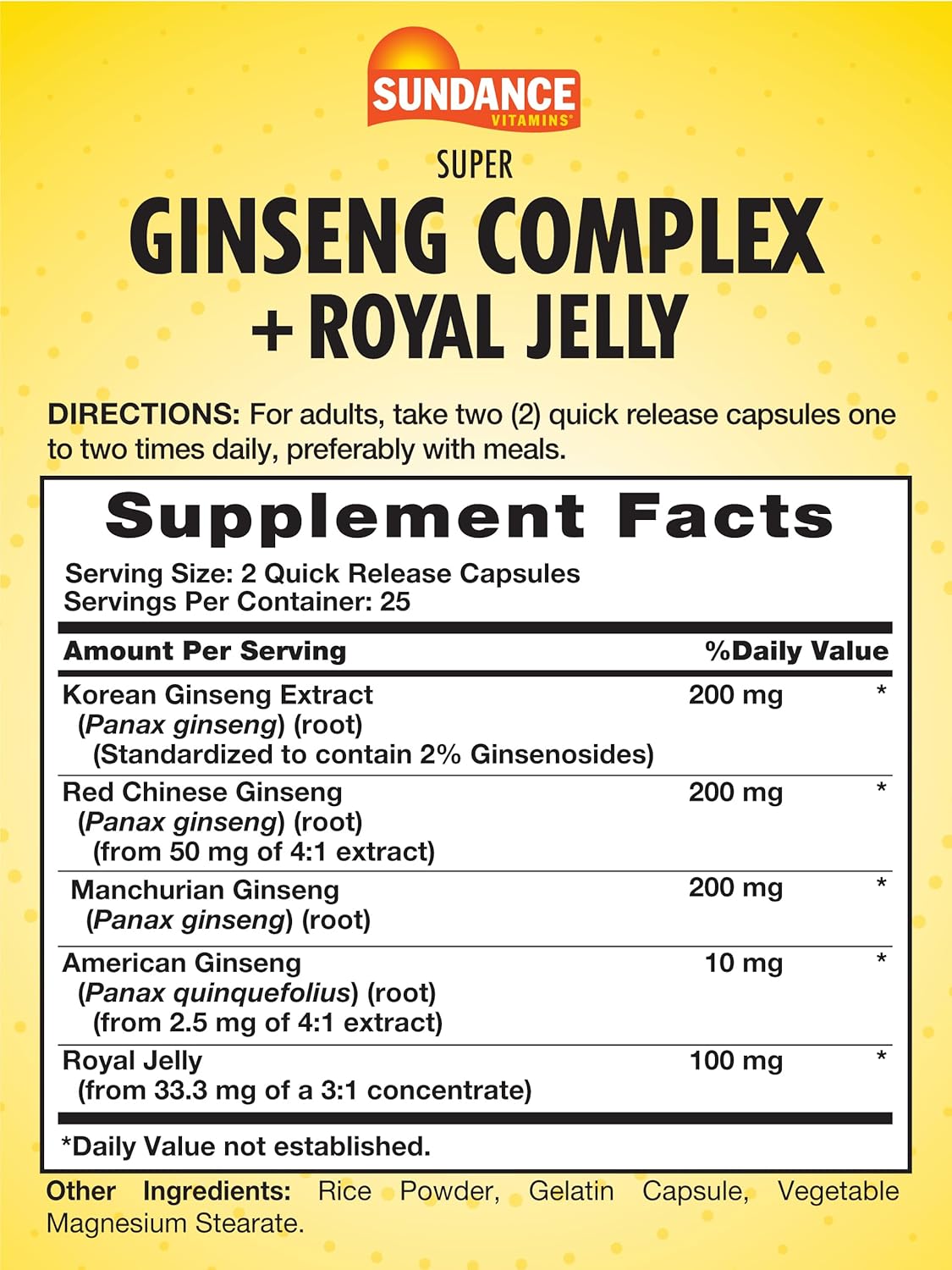 Non-GMO Sundance Super Ginseng Complex with Royal Jelly | 50 Quick Release Capsules | Gluten Free Herb Supplement