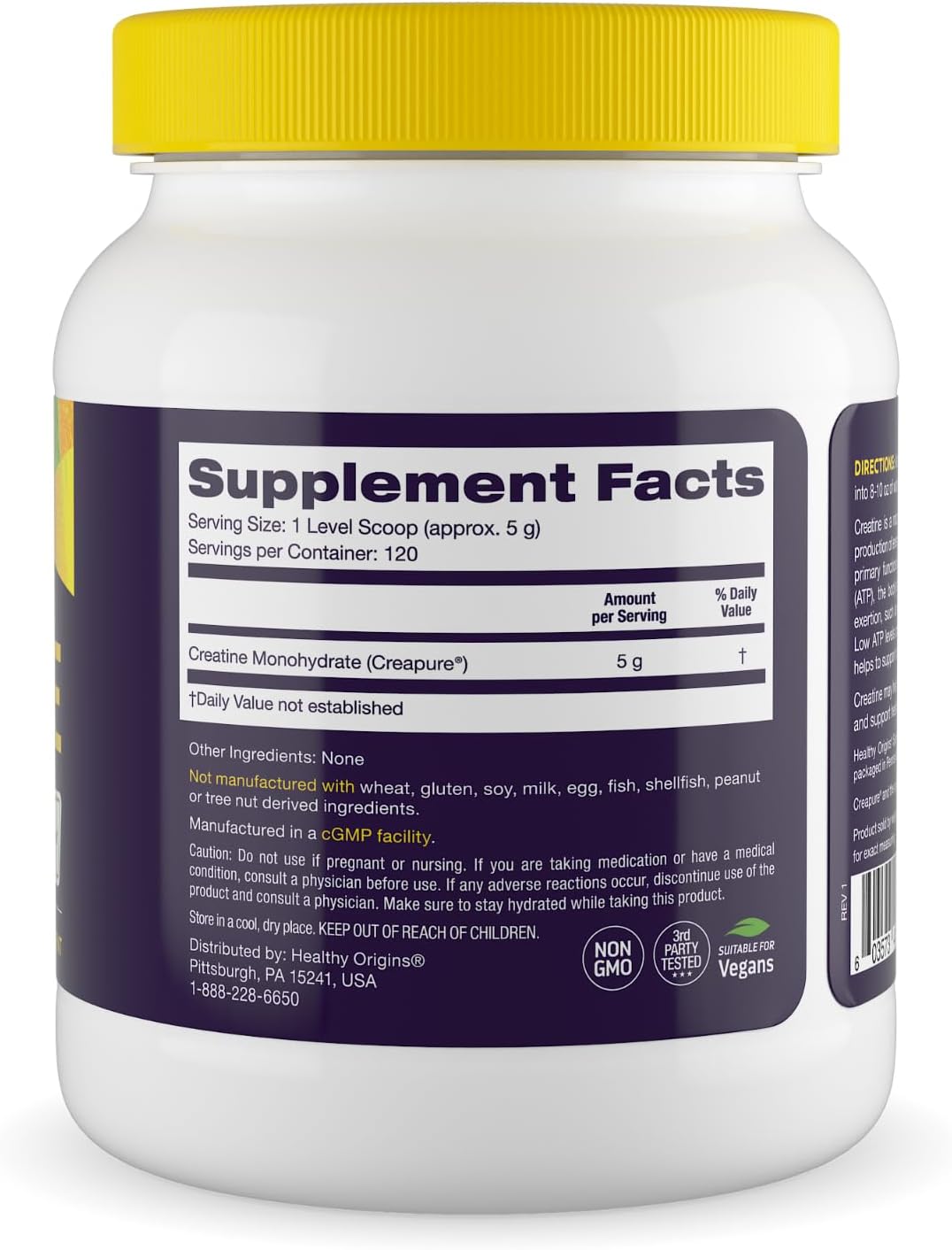 Non-GMO Vegan Creatine Supplement for Muscle Support - Unflavored Creapure Powder by Healthy Origins, 21.2 Oz