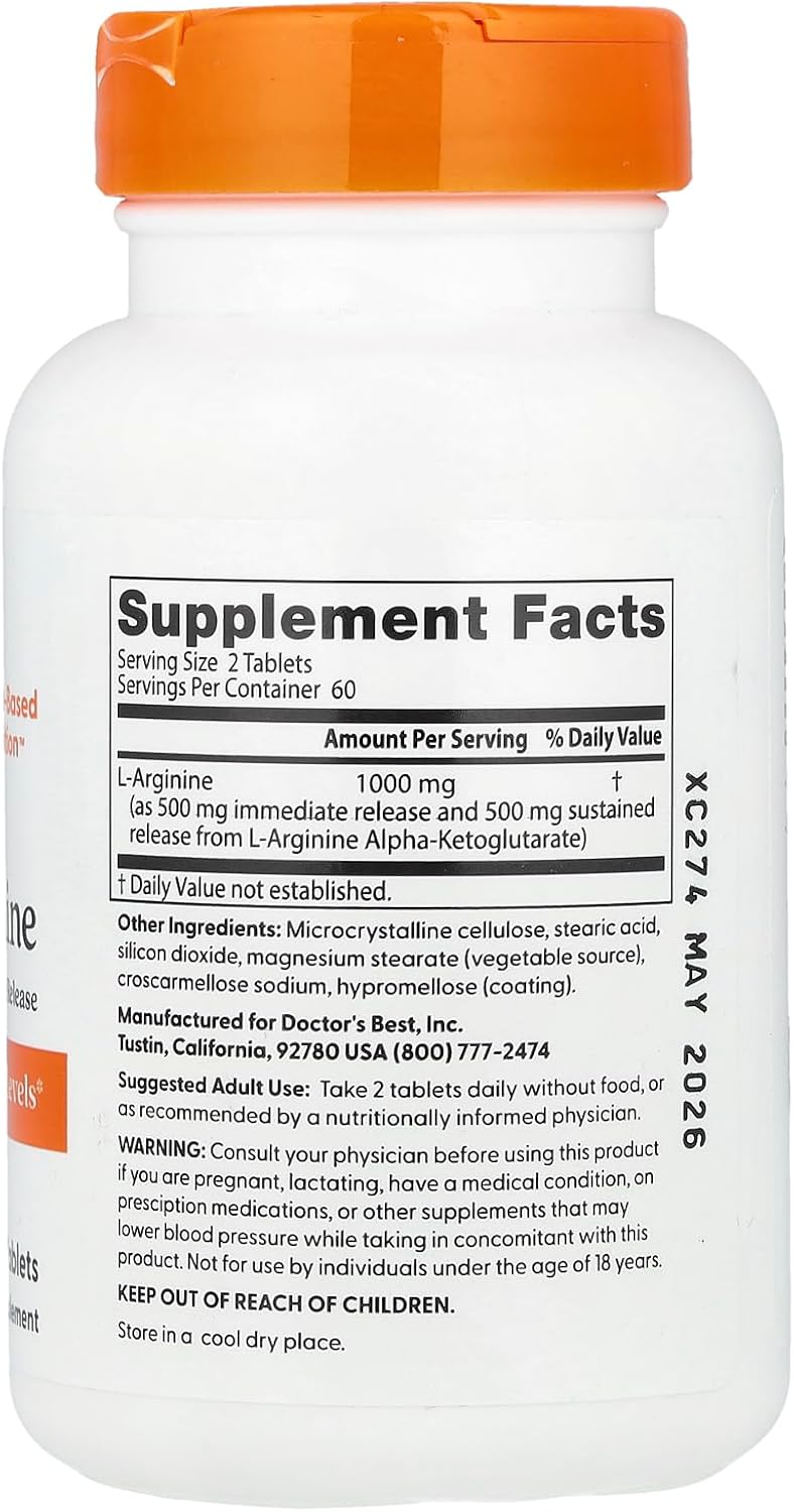 Non-GMO Vegan L-Arginine Tablets, 500 mg, 120 Count, Sustained Plus Immediate Release Formula