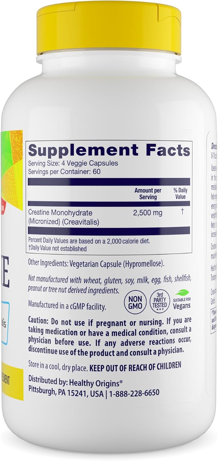 Non-GMO Vegan Micronized Creatine 625mg Capsules for Muscle Support by Healthy Origins - 240 Count