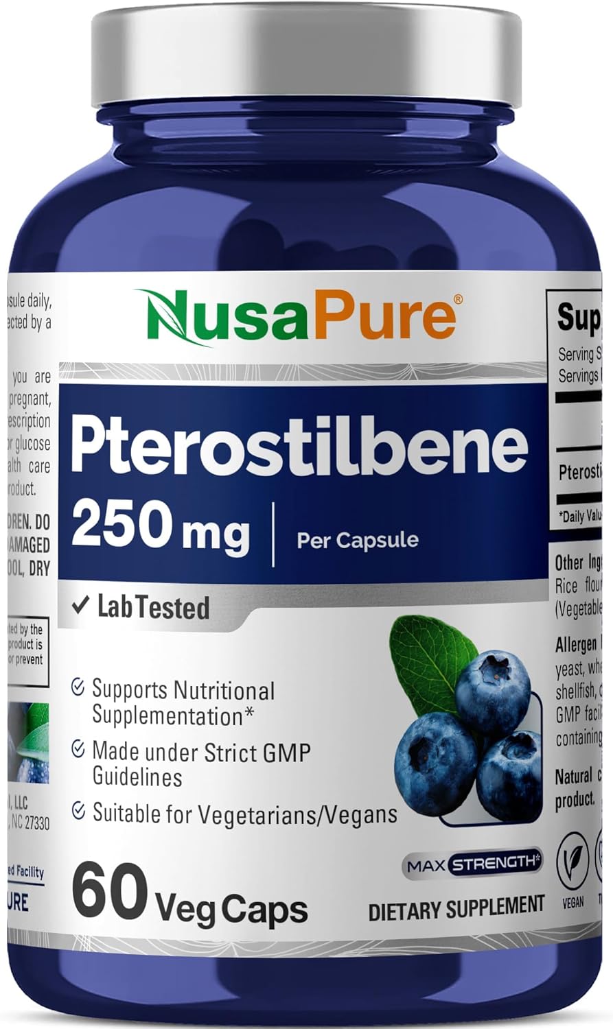 Non-GMO Vegan Pterostilbene Capsules 250mg - 60 Count by NusaPure
