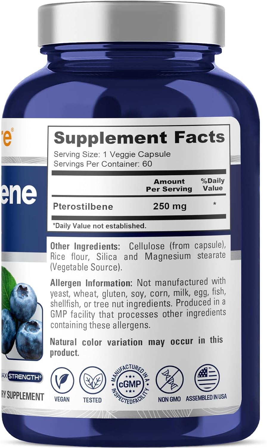 Non-GMO Vegan Pterostilbene Capsules 250mg - 60 Count by NusaPure
