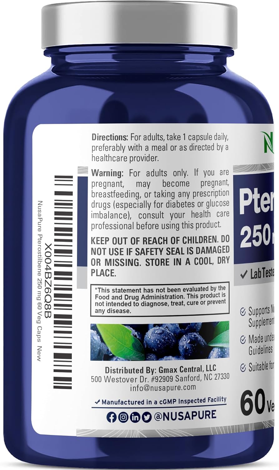 Non-GMO Vegan Pterostilbene Capsules 250mg - 60 Count by NusaPure