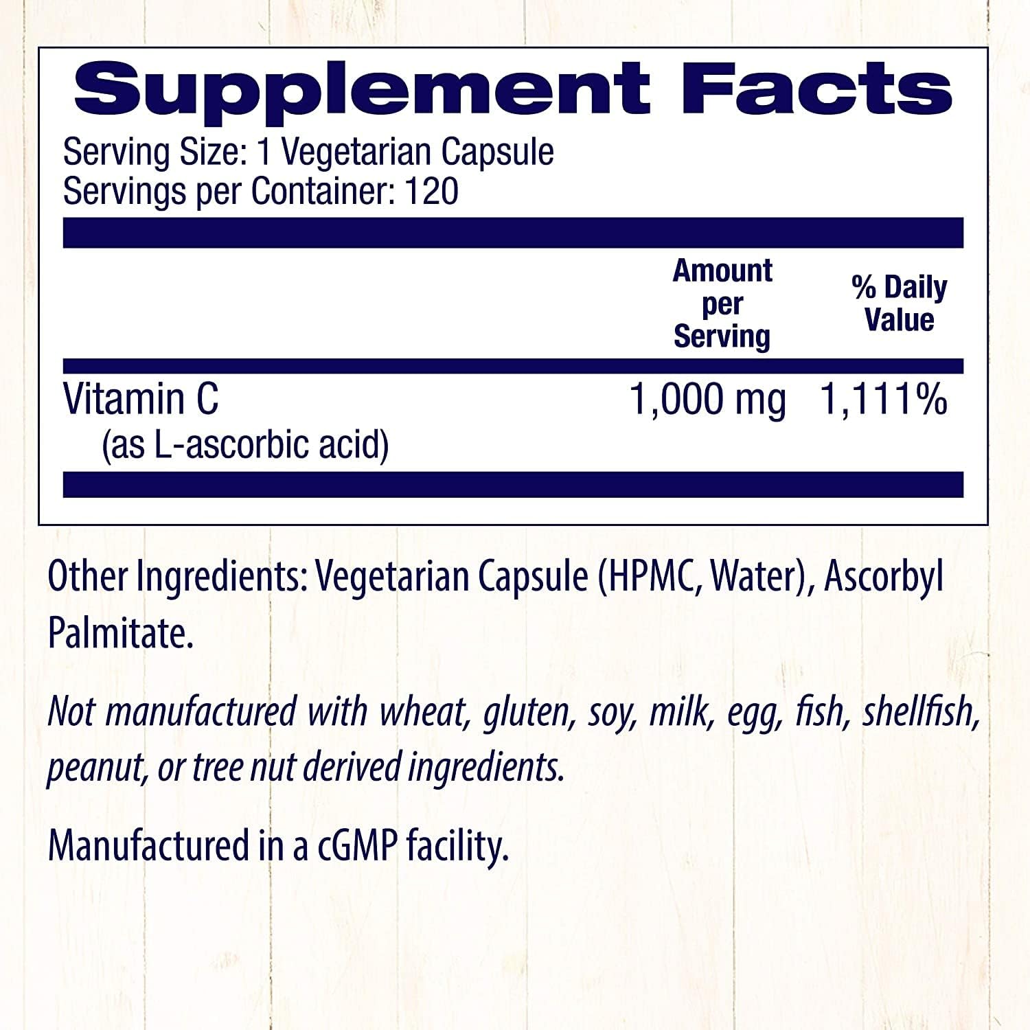 Non-GMO Vegan Vitamin C 1000mg - Immune Support & Cell Function - Gluten-Free Supplement - 120 Veg Capsules