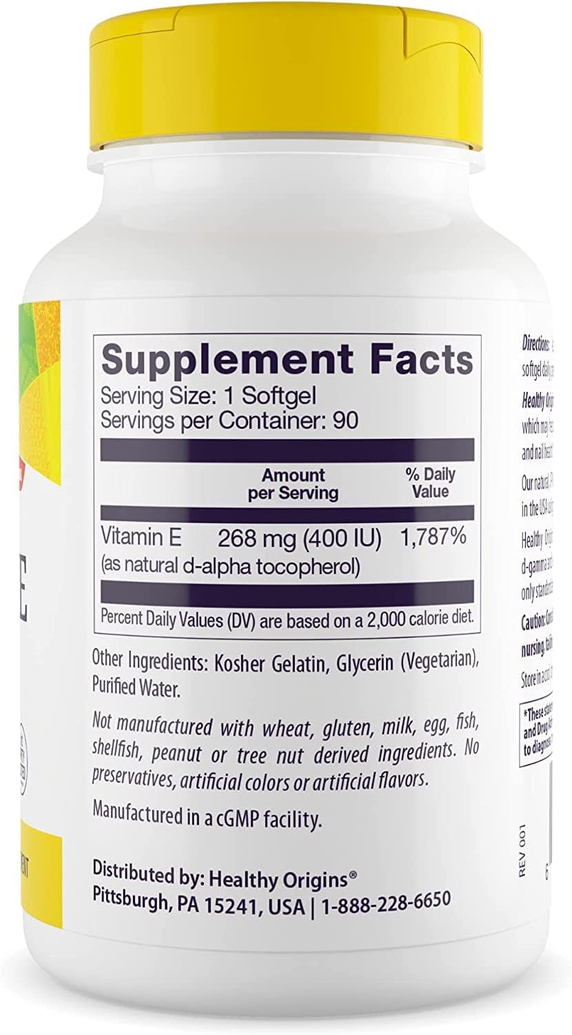Non-GMO Vitamin E Supplement with Mixed Tocopherols - 400 IU - Gluten-Free Skin, Hair, & Nails Support - 90 Softgels by Healthy Origins