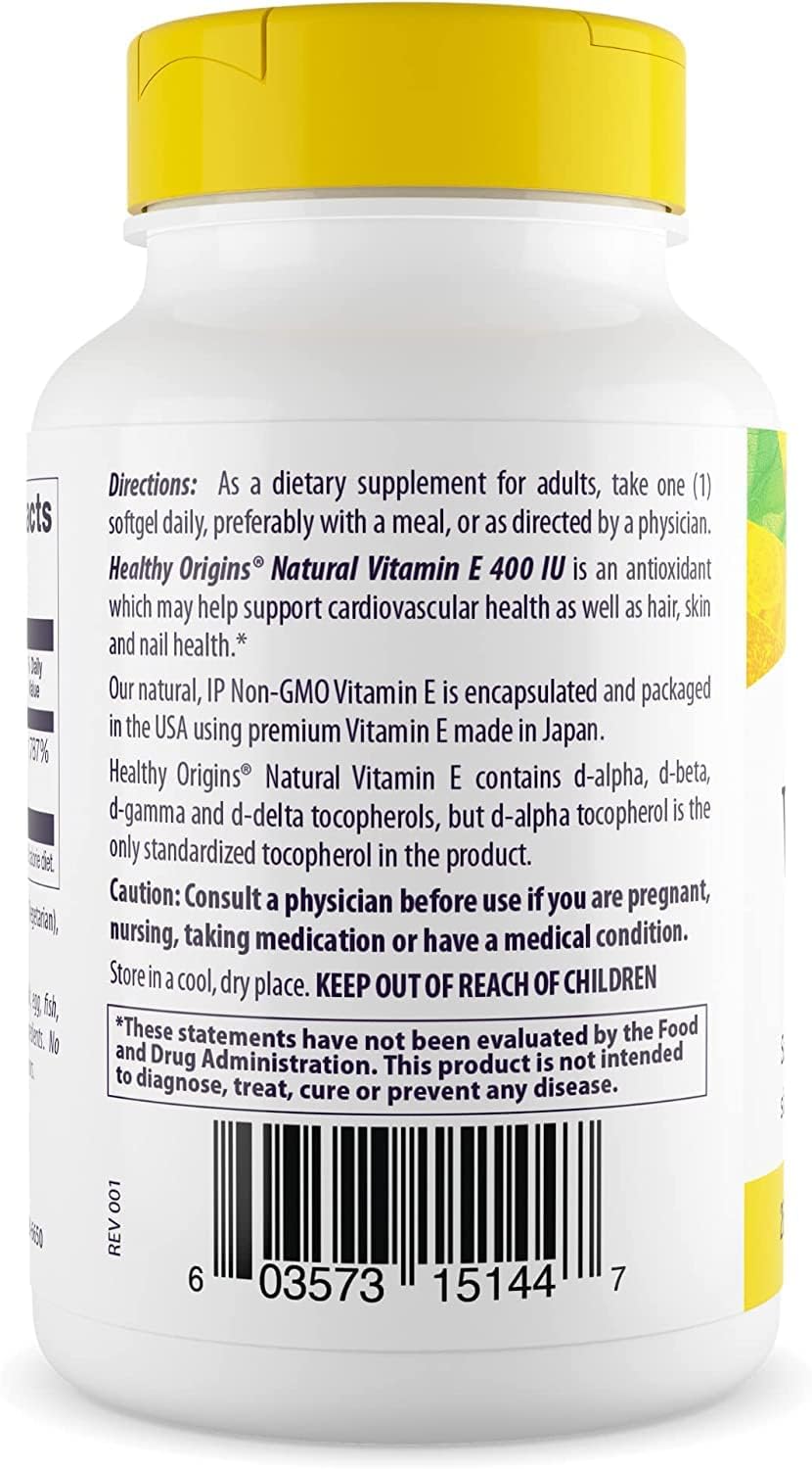Non-GMO Vitamin E Supplement with Mixed Tocopherols - 400 IU - Gluten-Free Skin, Hair, & Nails Support - 90 Softgels by Healthy Origins