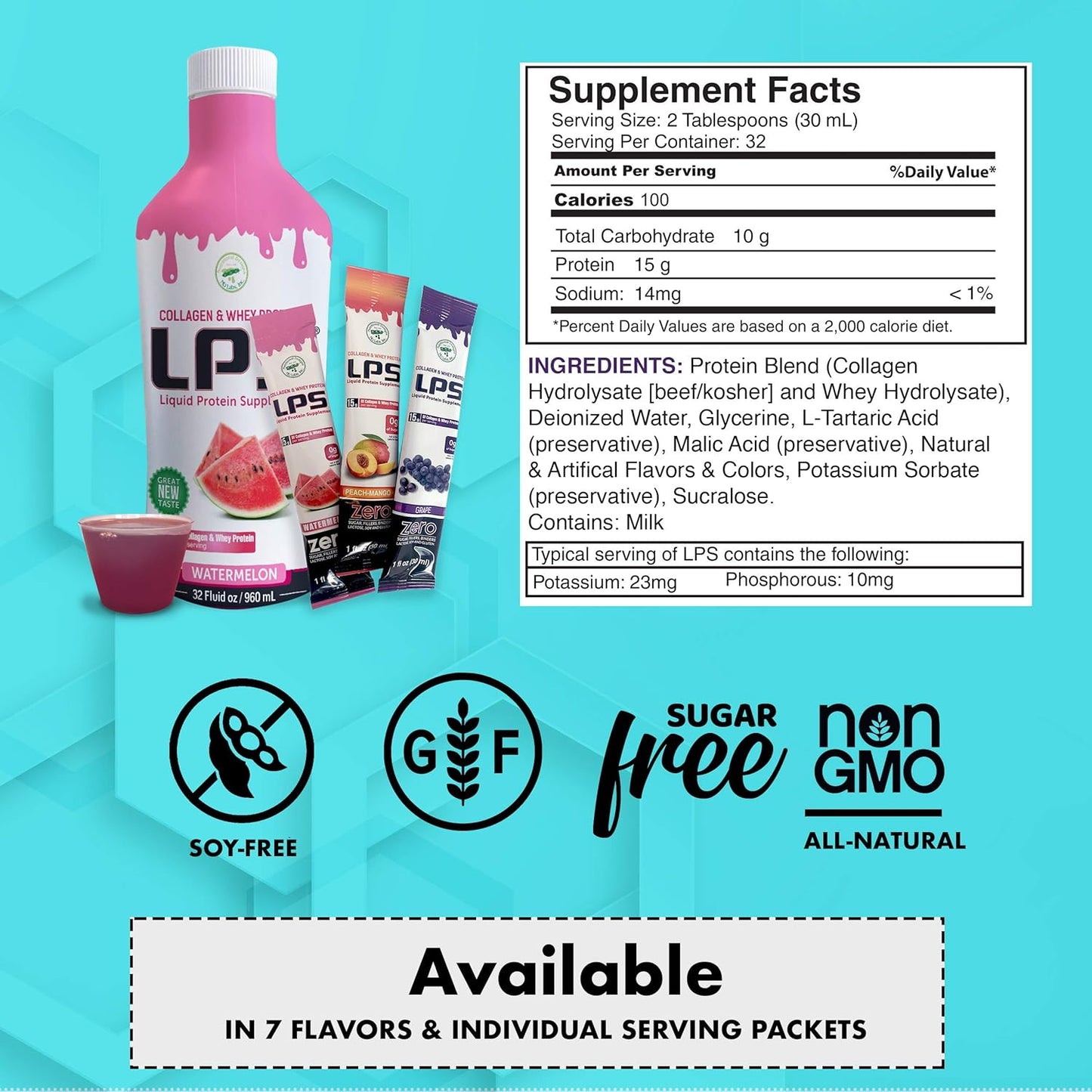 Non-GMO Watermelon LPS Liquid Collagen & Whey Protein Supplement - Sugar-Free, Healthy Skin & Hair for Men & Women - 100 Packets