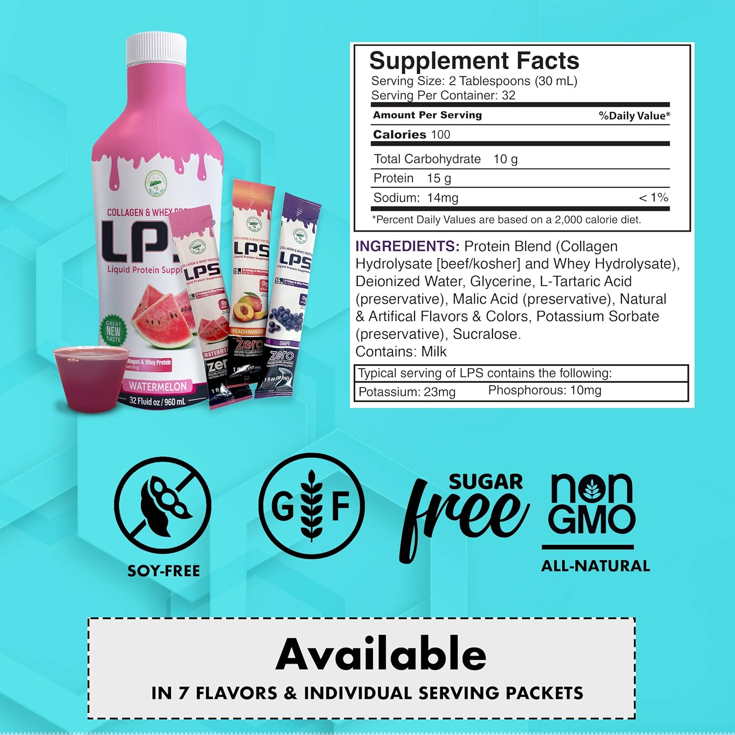 Non-GMO Watermelon LPS Liquid Collagen & Whey Protein Supplement - Sugar-Free, Healthy Skin & Hair for Men & Women - 100 Packets