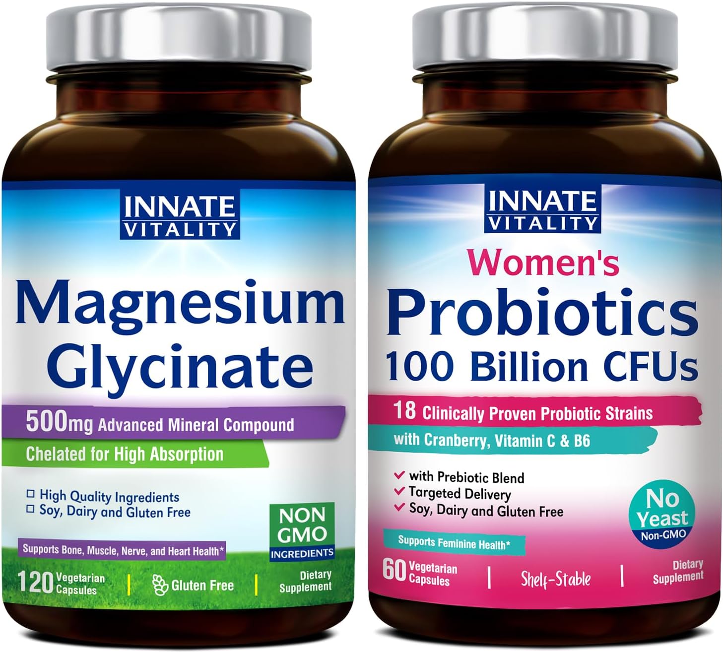 Non-GMO Women's Probiotic & Magnesium Glycinate Bundle - Gluten-Free, Dairy-Free, Soy-Free, Vegan - 120 Magnesium Capsules & 60 Probiotic Capsules