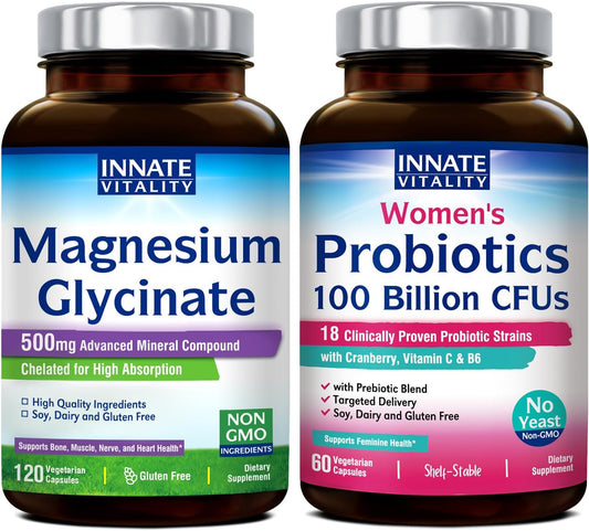 Non-GMO Women's Probiotic & Magnesium Glycinate Bundle - Gluten-Free, Dairy-Free, Soy-Free, Vegan - 120 Magnesium Capsules & 60 Probiotic Capsules