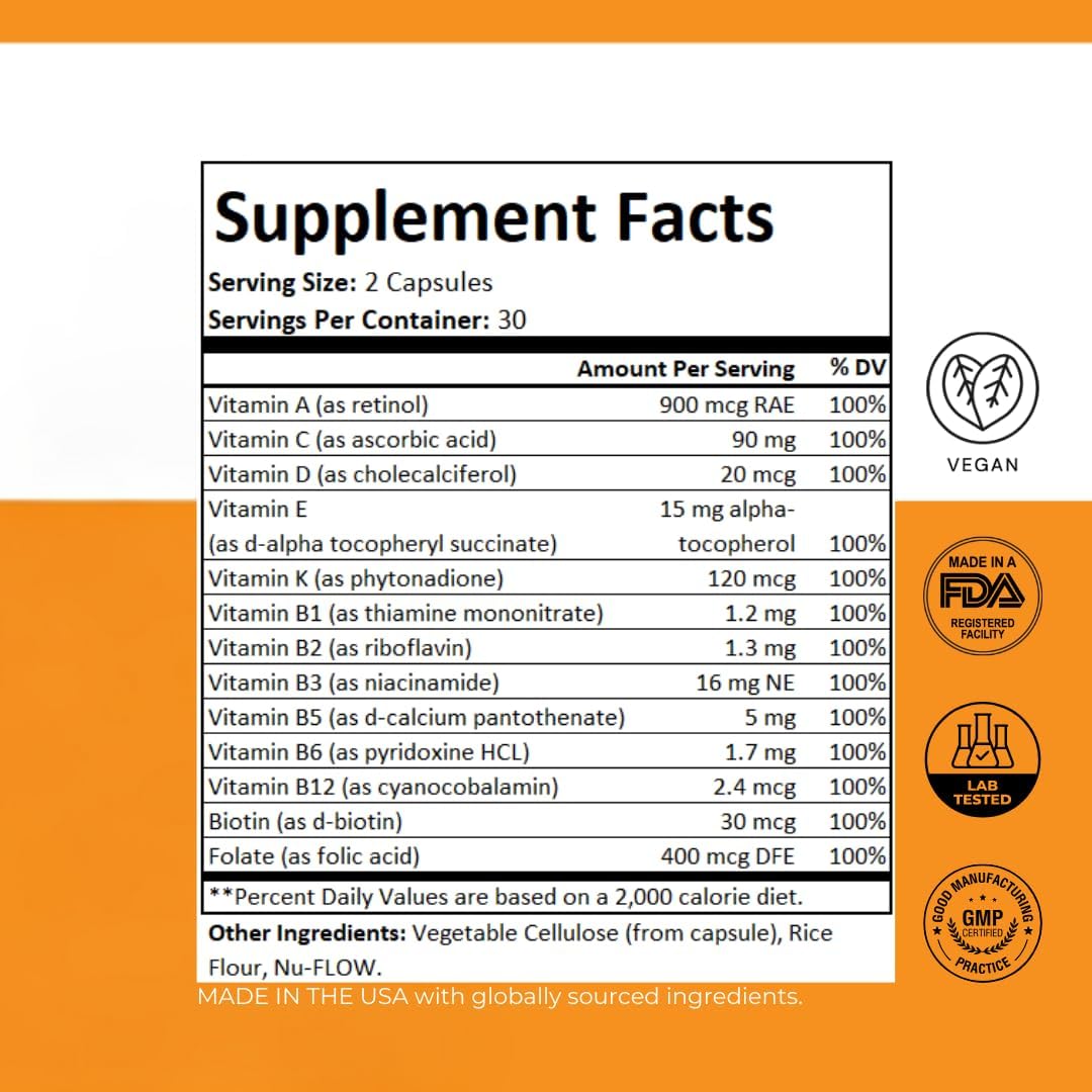 Non-Toxic Adult Multivitamin with B6 & B12 - 100% RDA - Optimal Energy & Focus - 60 Capsules