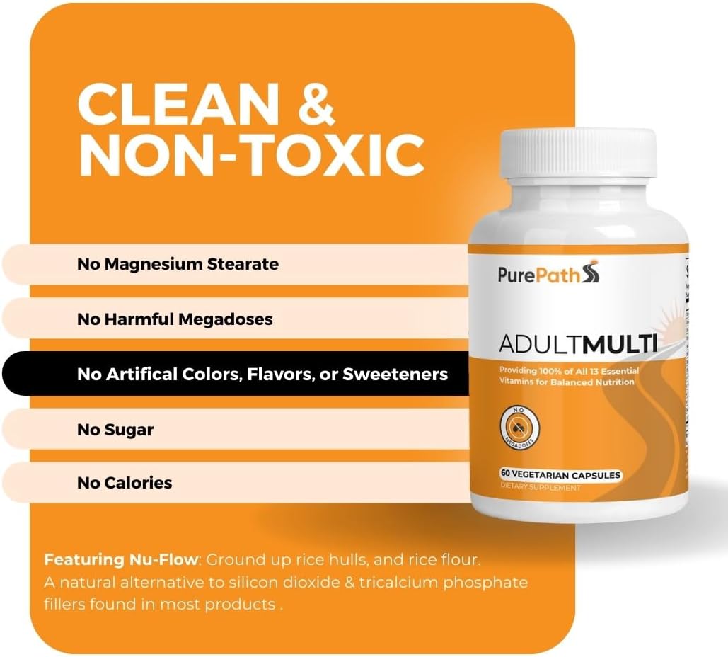Non-Toxic Adult Multivitamin with B6 & B12 - 100% RDA - Optimal Energy & Focus - 60 Capsules
