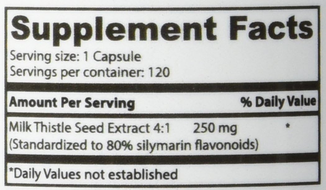 NonGMO Milk Thistle Extract - 80% Silymarin Flavonoids - Supports Liver and Kidney Health - 120 Capsules, 250mg