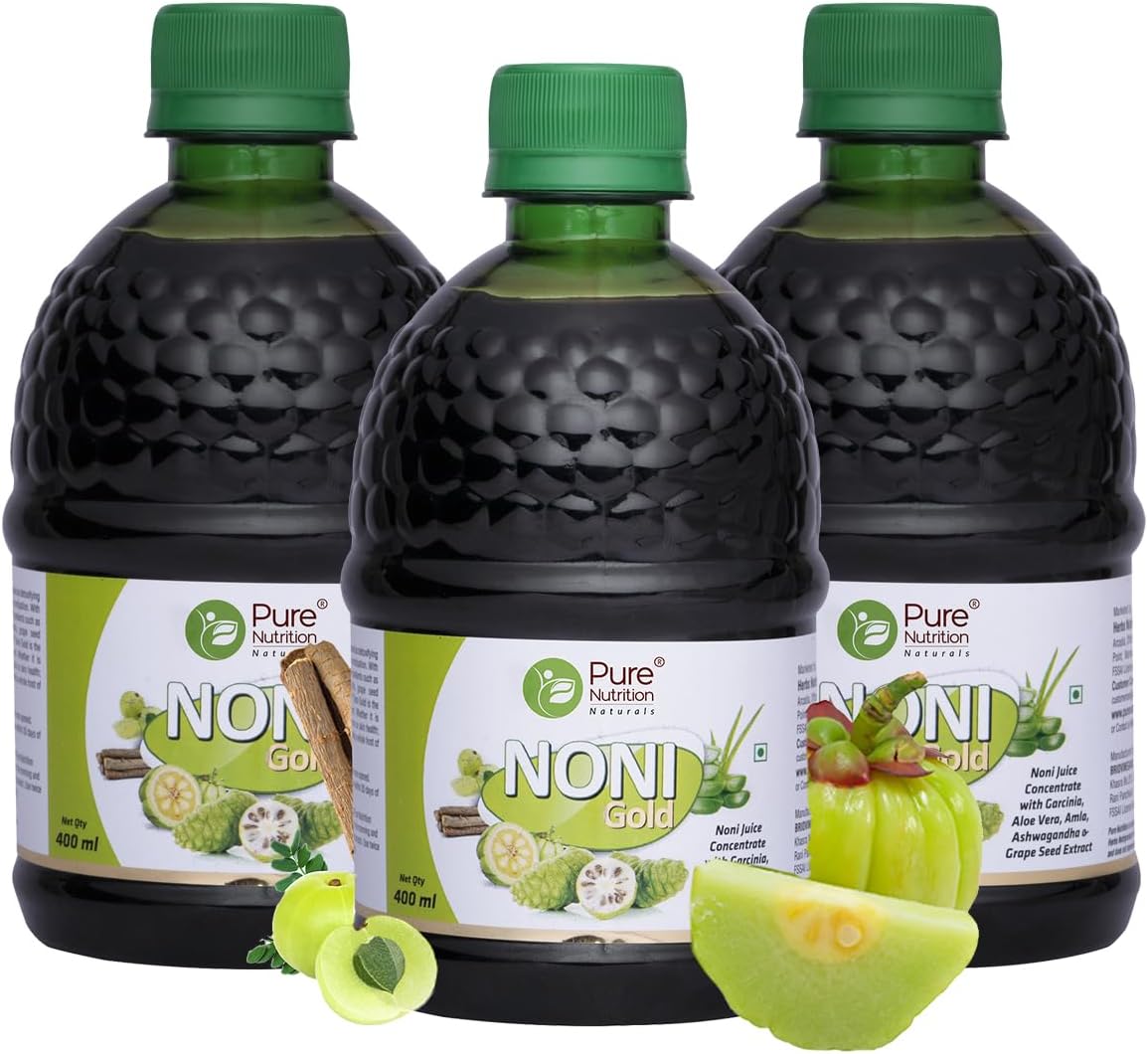 Noni Gold Juice Concentrate with Garcinia, Aloe Vera, Amla, Ashwagandha, Grape Seed Extract - Pack of 3 (400ml each) by Pure Nutrition