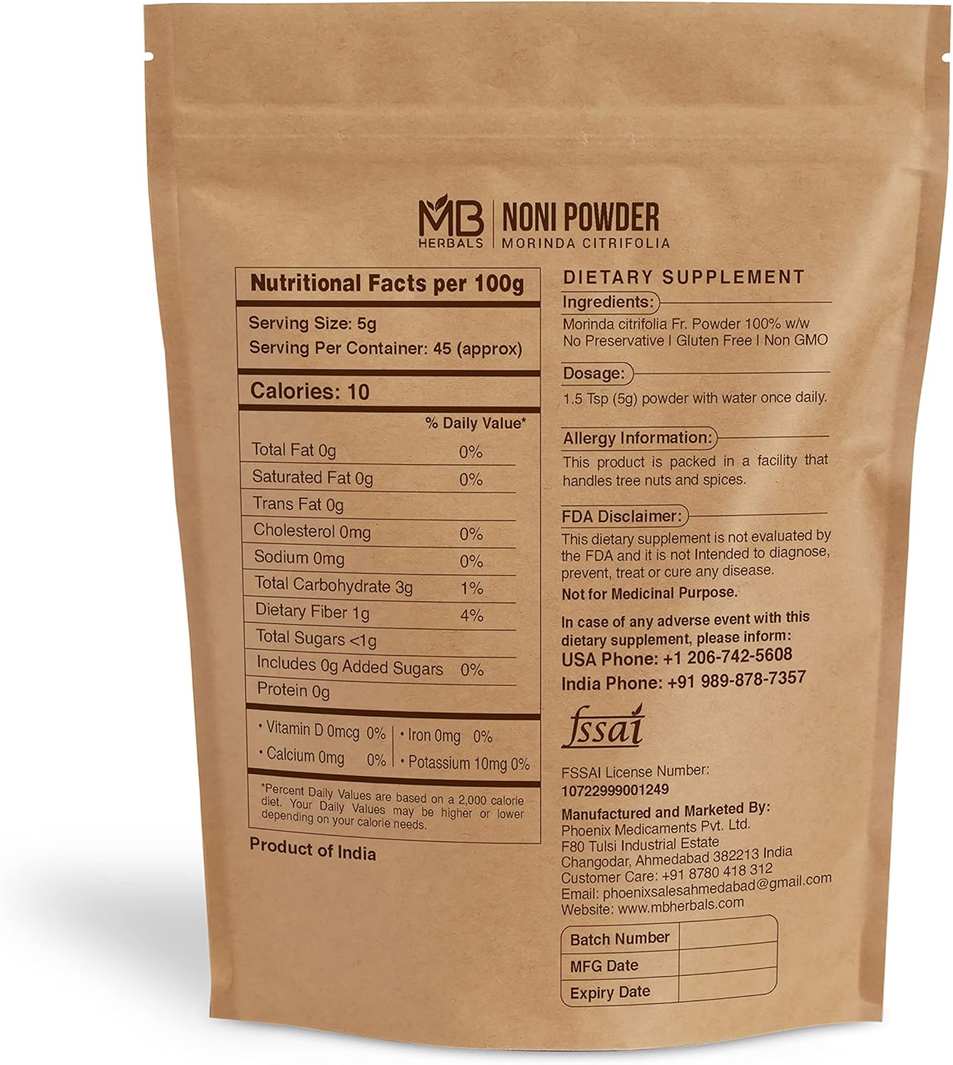 Noni Powder 8 oz (227g) - Gluten Free, Preservative-Free Superfood for Smoothies and Juices - 45 Servings