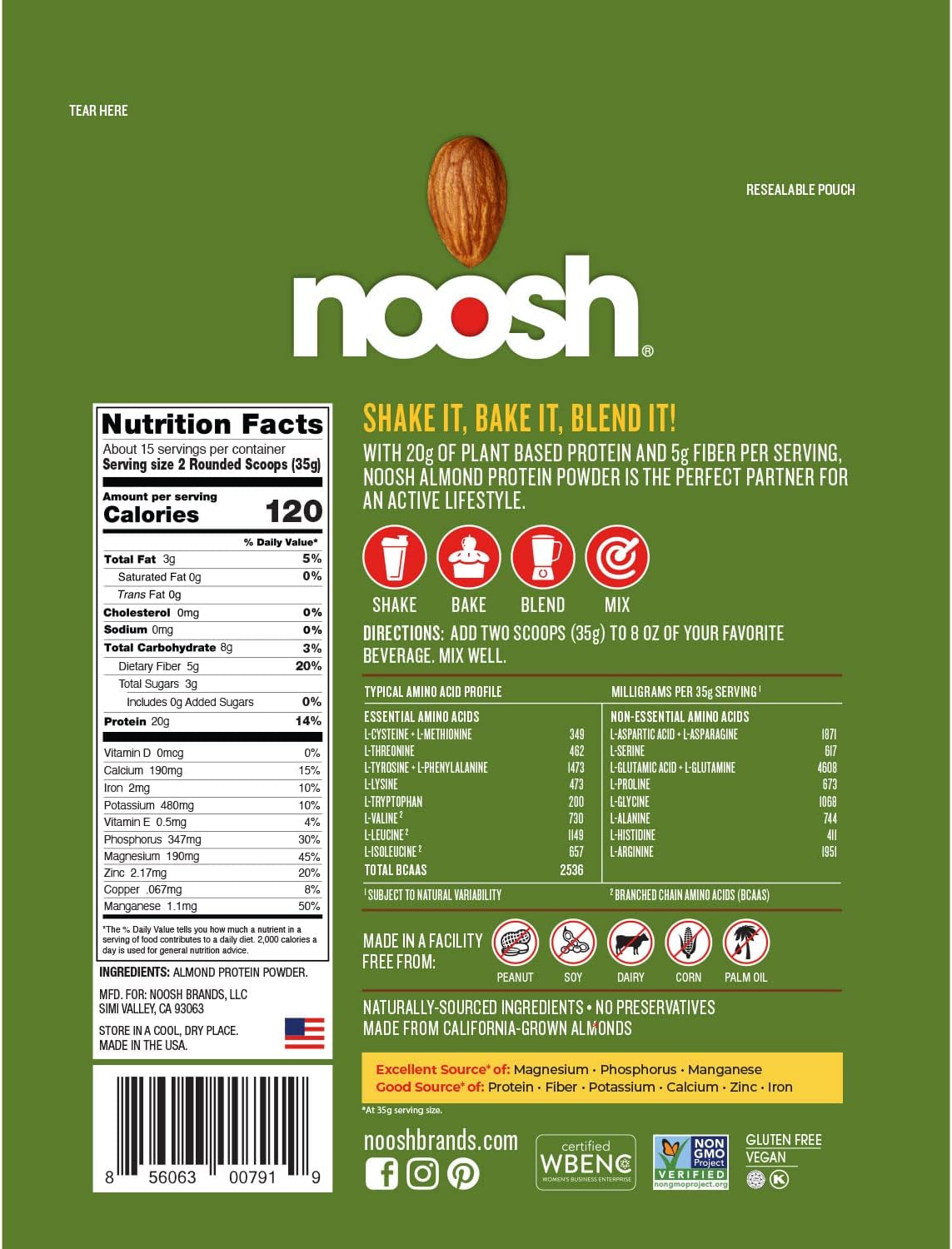 NOOSH Almond Protein Powder 35g - Plant Based, Vegan, Non-GMO, Gluten Free, Kosher, Peanut/Soy/Dairy Free