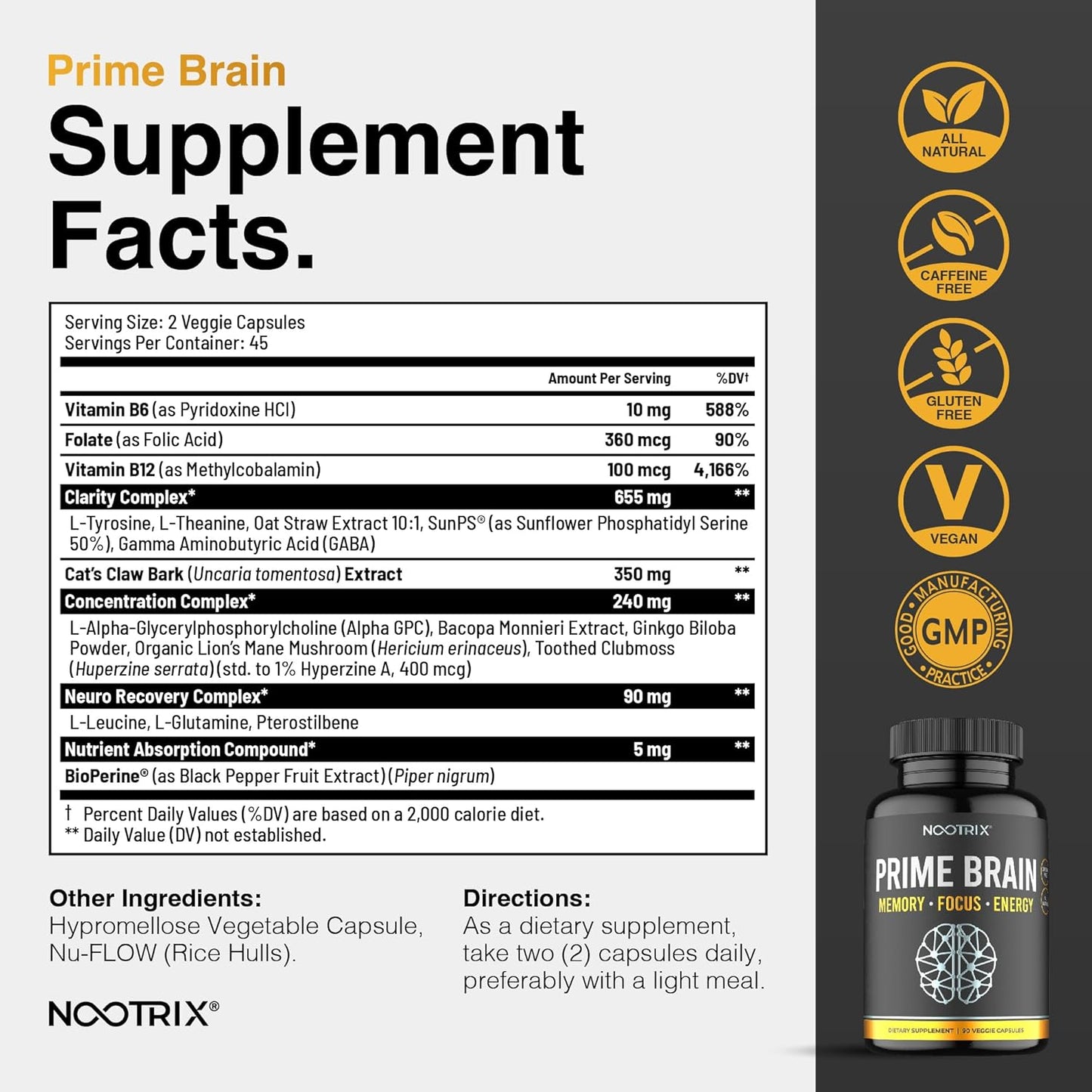 Nootrix Prime Brain Supplement for Men & Women - Memory, Clarity, Cognitive Improvement - Energy & Mood Booster with Ginkgo Biloba, Lion's Mane, L Theanine - 60 Count