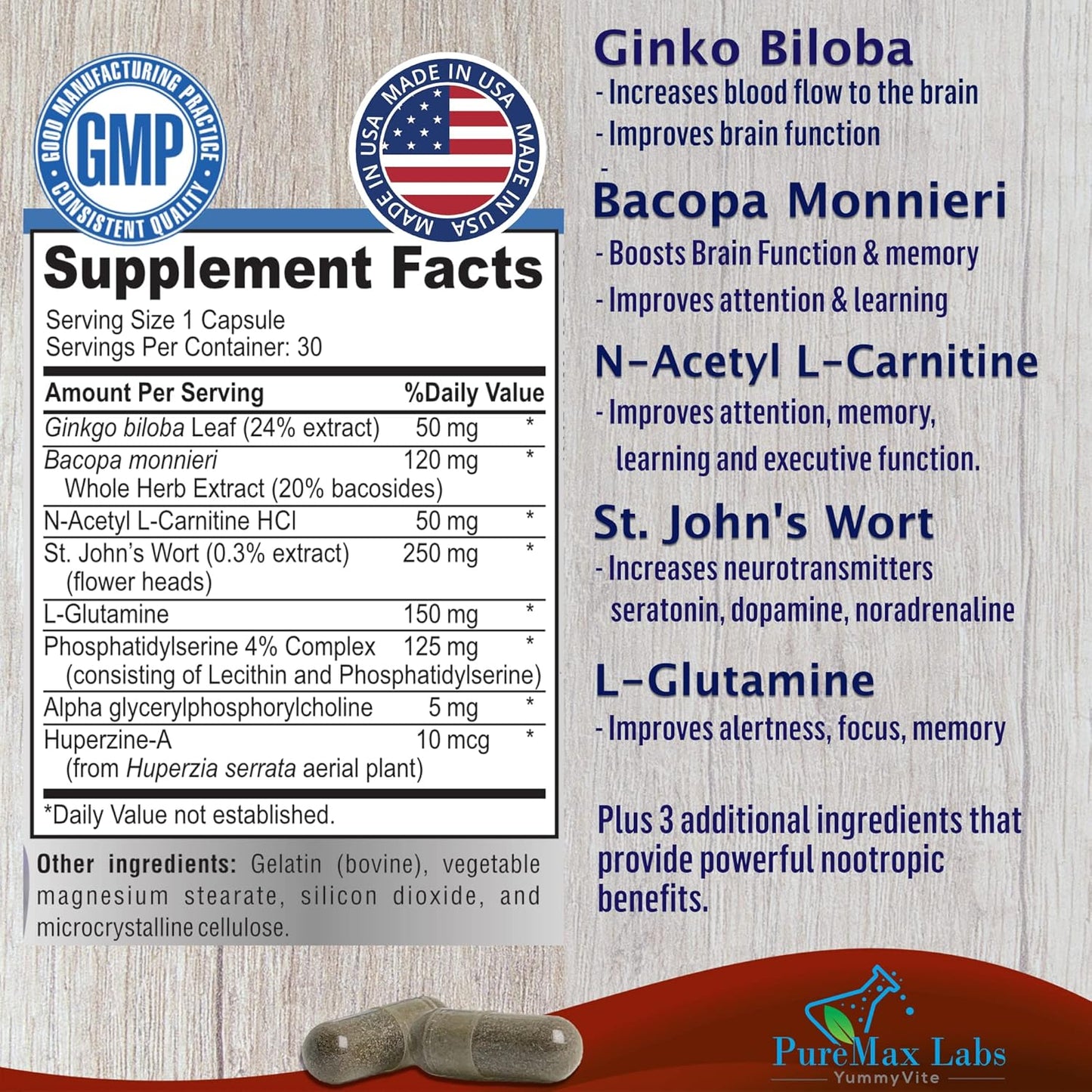 Nootropic Brain Booster Supplement with Ginkgo Biloba & Bacopa Monnieri - Memory Support - 30 Capsules