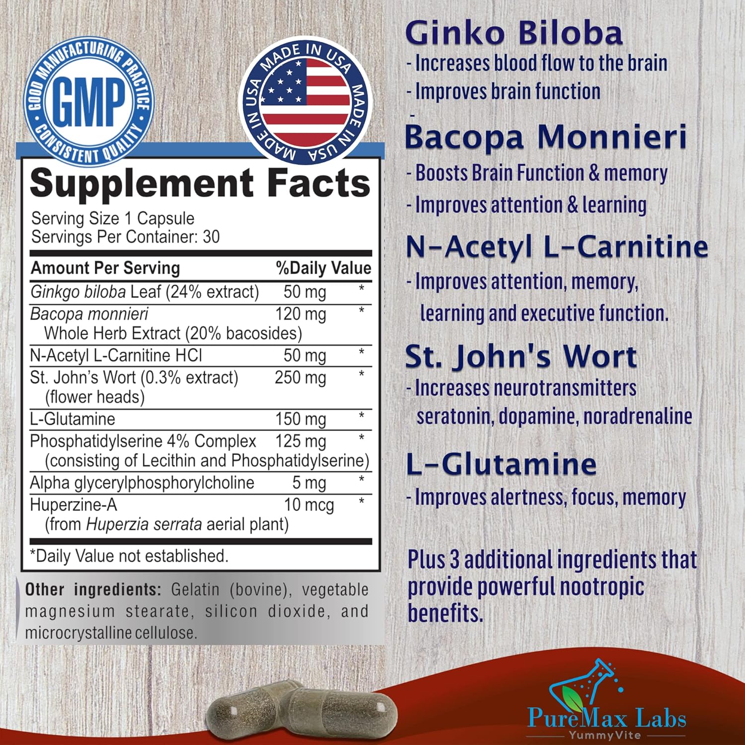 Nootropic Brain Booster Supplement with Ginkgo Biloba & Bacopa Monnieri - Memory Support - 30 Capsules