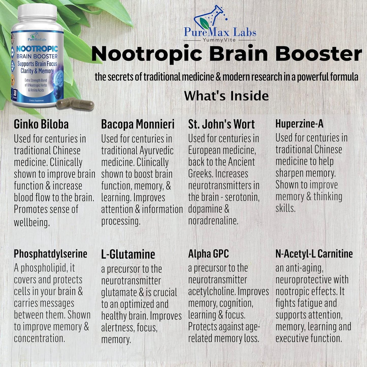 Nootropic Brain Booster Supplement with Ginkgo Biloba & Bacopa Monnieri - Memory Support - 30 Capsules