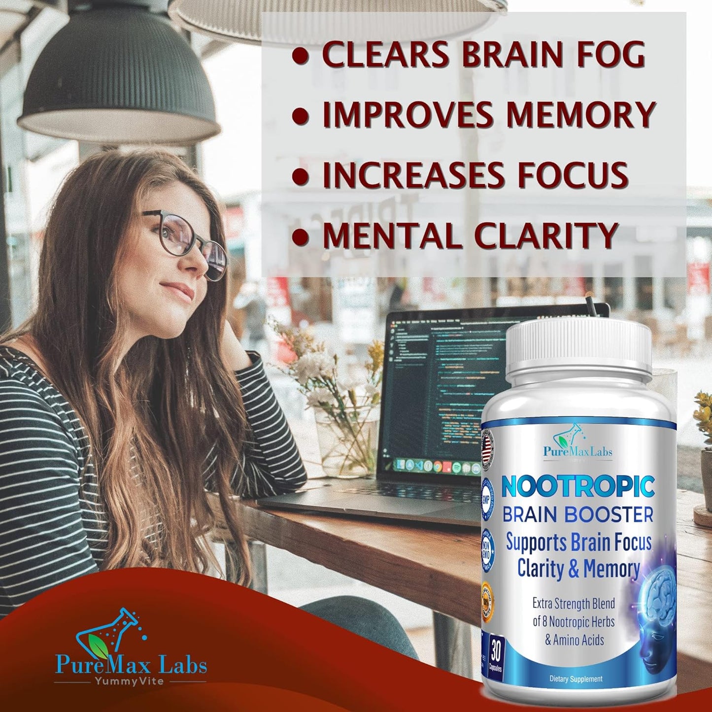 Nootropic Brain Booster Supplement with Ginkgo Biloba & Bacopa Monnieri - Memory Support - 30 Capsules