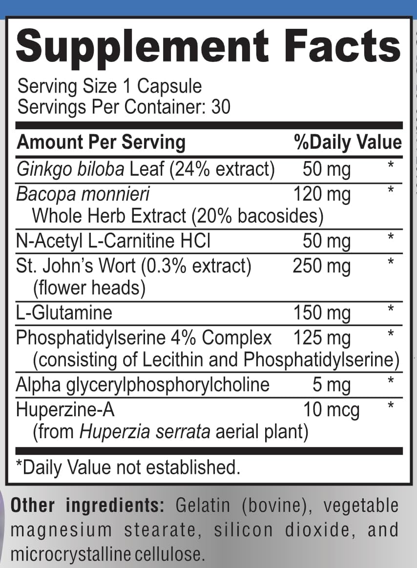Nootropic Brain Booster Supplement with Ginkgo Biloba & Bacopa Monnieri - Memory Support - 30 Capsules