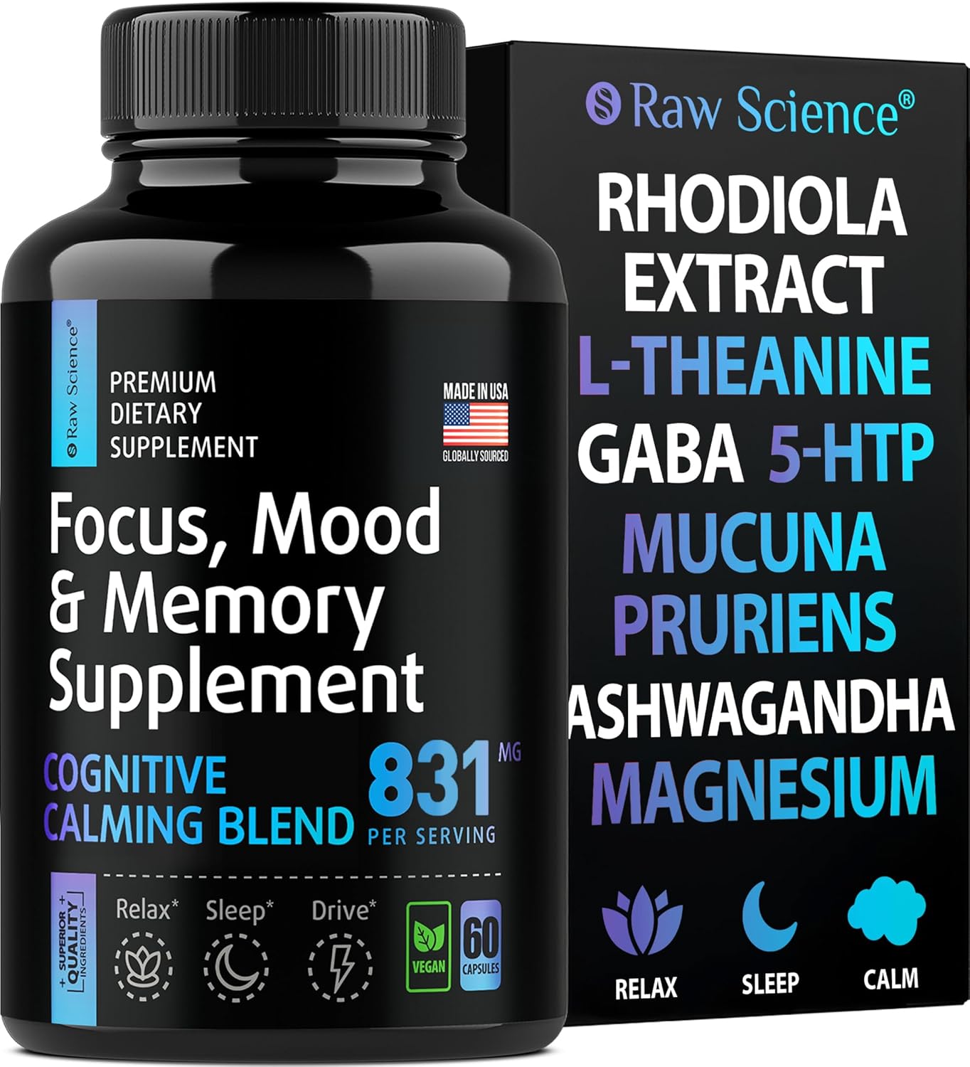 Nootropic Brain Supplements for Memory, Focus & Mood - Ashwagandha, L-Theanine, Rhodiola Extract, GABA, 5HTP - Supports Cortisol & Magnesium Oxide - 60 Capsules