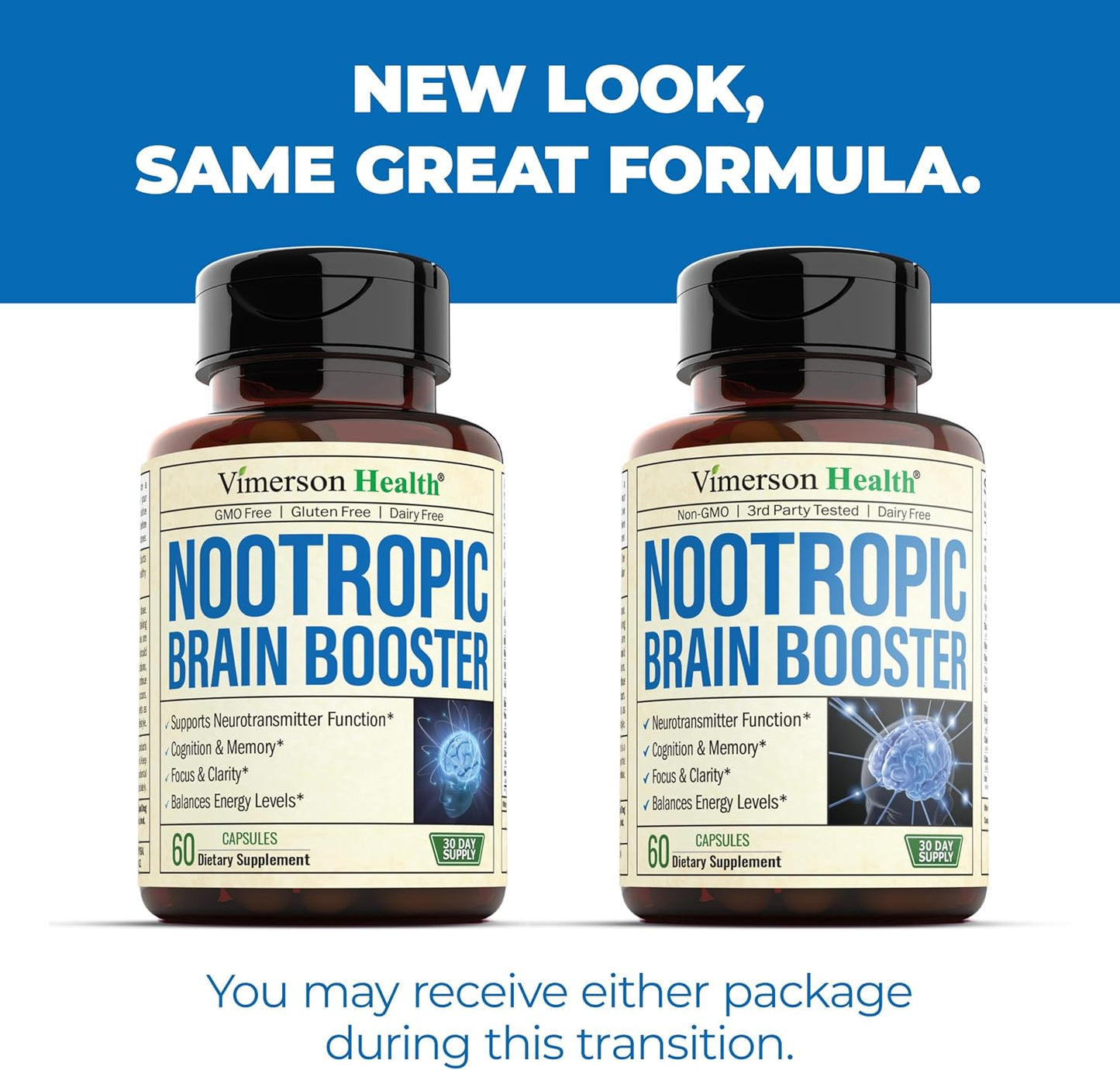 Nootropic Brain Support Supplement for Focus, Memory, and Energy - Non-GMO Brain Booster with Mood Support - 60 Capsules