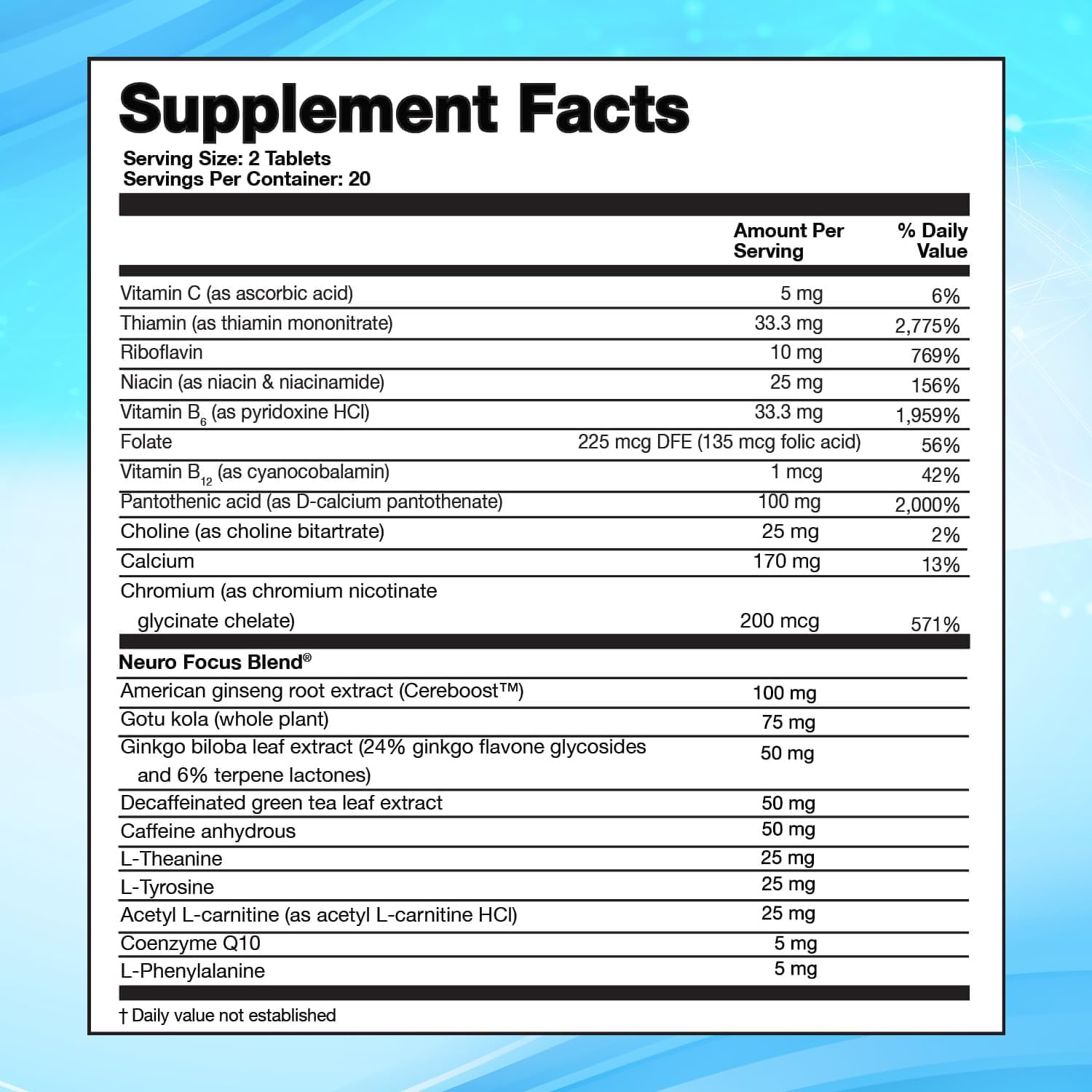 Nootropic Supplement for Focus & Memory Support - Brain Booster Pills with Vitamins, Choline, Ginseng, Gingko - 40 Count for Men & Women