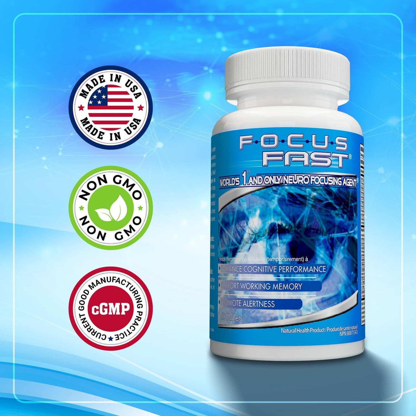 Nootropic Supplement for Focus & Memory Support - Brain Booster Pills with Vitamins, Choline, Ginseng, Gingko - 40 Count for Men & Women