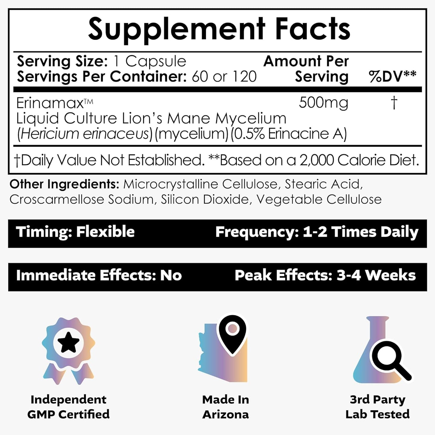 Nootropics Depot Erinamax Lion's Mane Capsules - 120 Count with Liquid Culture Mycelium | 500mg, 2.5mg Erinacine A | Mood, Cognition, & Nerve Support - BoostGo Australia