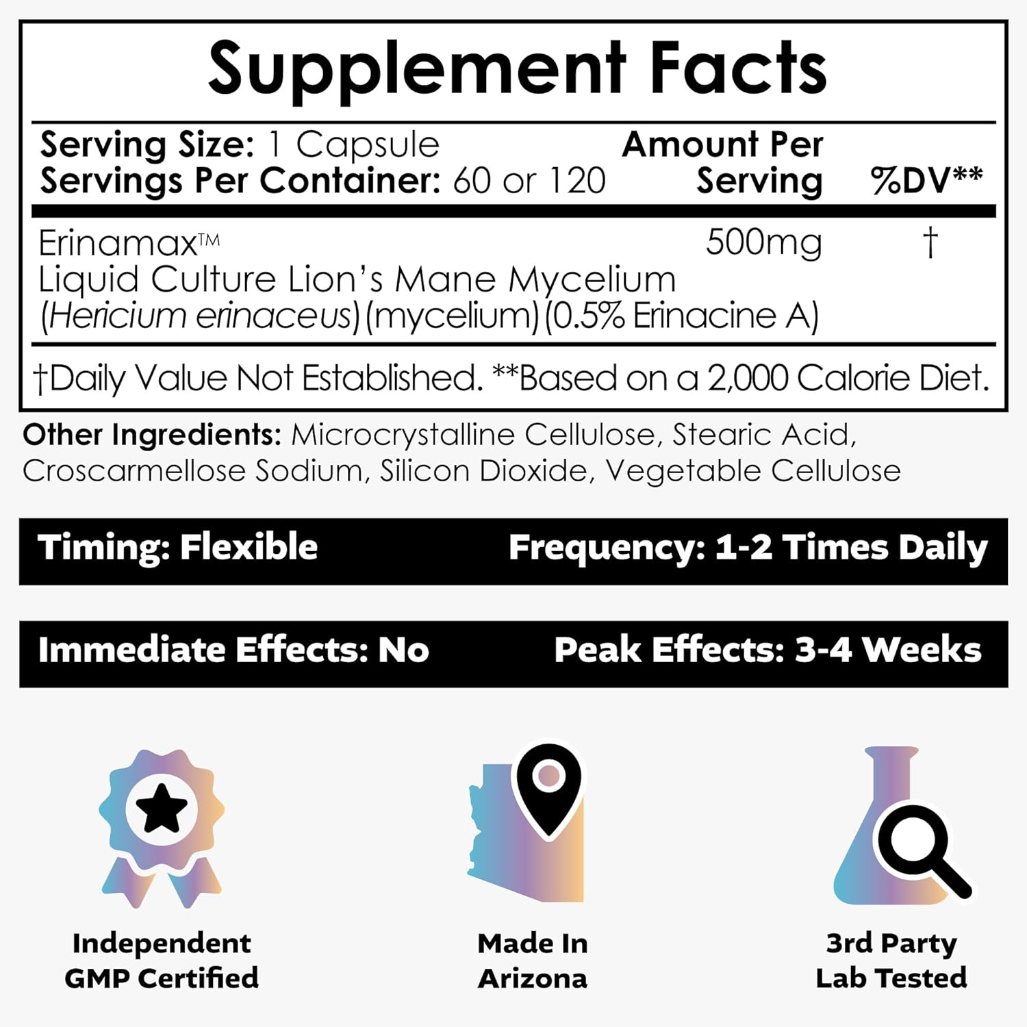Nootropics Depot Erinamax Lion's Mane Capsules - 120 Count with Liquid Culture Mycelium | 500mg, 2.5mg Erinacine A | Mood, Cognition, & Nerve Support - BoostGo Australia