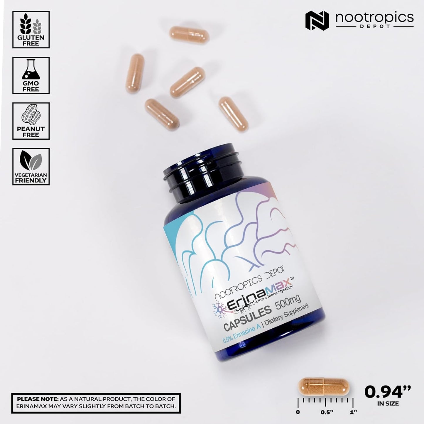 Nootropics Depot Erinamax Lion's Mane Capsules - 120 Count with Liquid Culture Mycelium | 500mg, 2.5mg Erinacine A | Mood, Cognition, & Nerve Support - BoostGo Australia