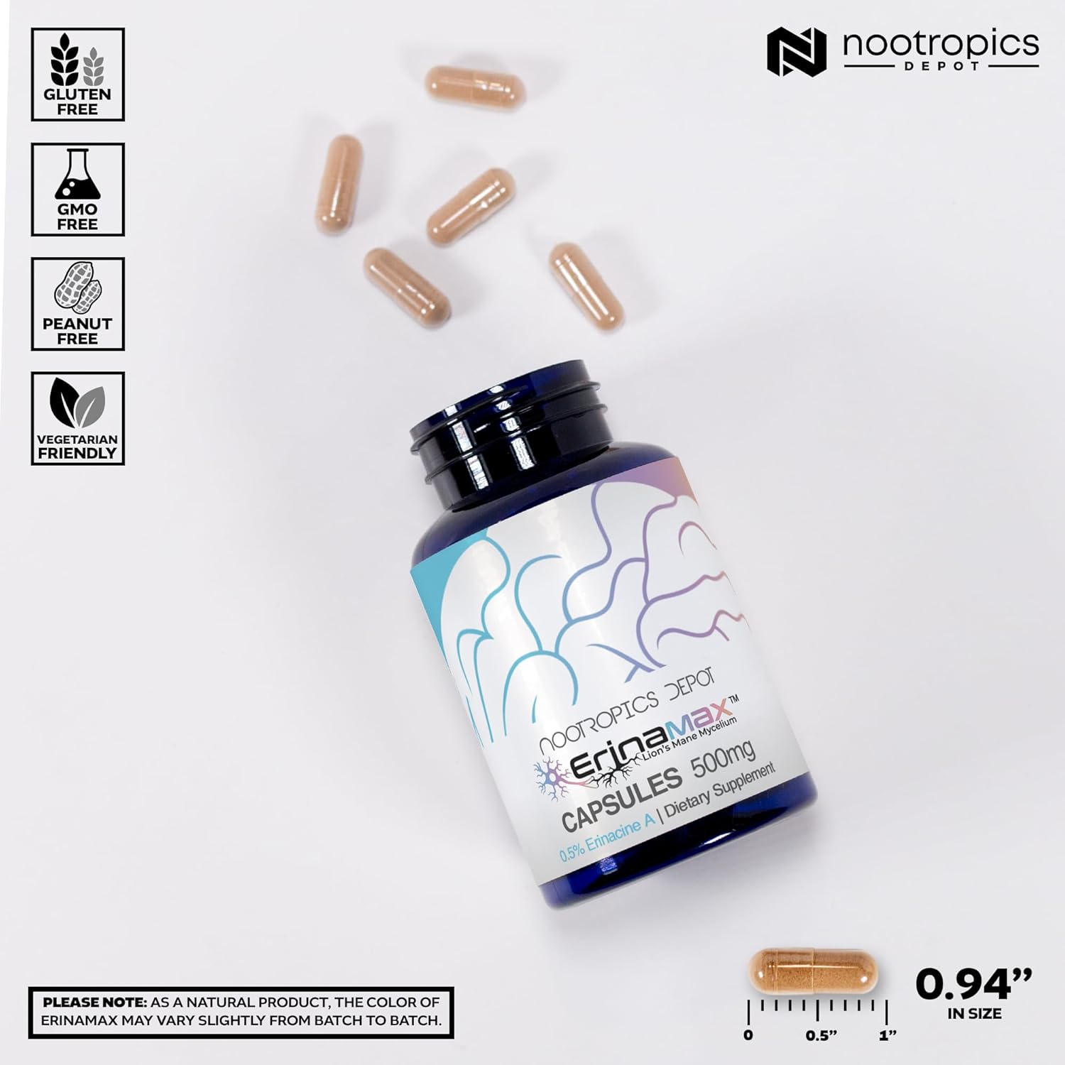 Nootropics Depot Erinamax Lion's Mane Capsules - 120 Count with Liquid Culture Mycelium | 500mg, 2.5mg Erinacine A | Mood, Cognition, & Nerve Support - BoostGo Australia