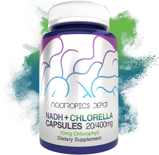 Nootropics Depot NADH + Chlorophyll Capsules 90 Count - Energy, Alertness, Mental Clarity, & Healthy Aging - Nicotinamide Adenine Dinucleotide - Chlorella vulgaris (Broken Cell)