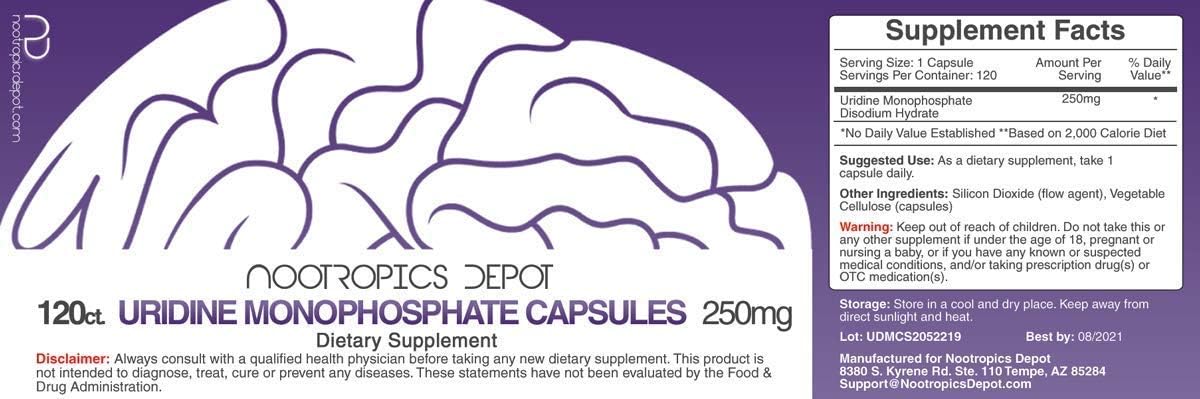 Nootropics Depot Uridine Monophosphate Capsules 250mg - 120 Count - Brain Health Supplement
