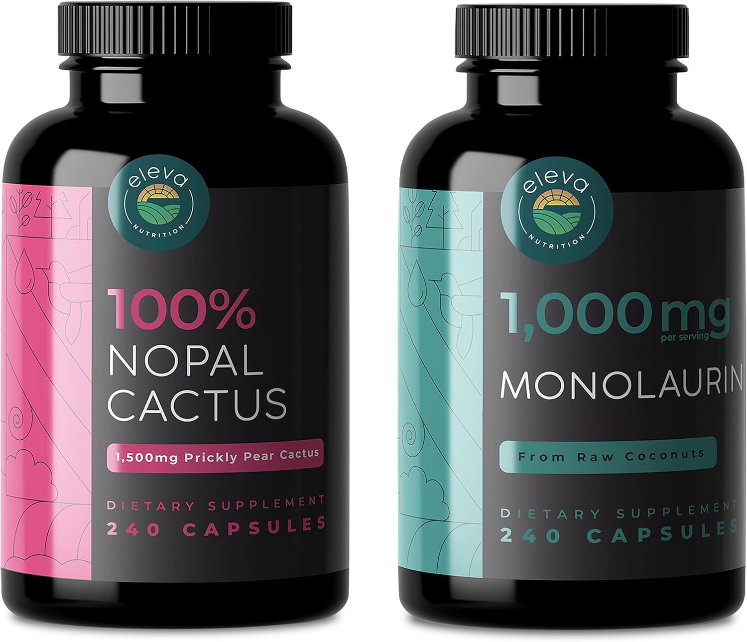 Nopal Cactus & Monolaurin Bundle - 240 Capsules Each, 1500mg Prickly Pear Cactus, 1000mg Monolaurin - Eleva Nutrition